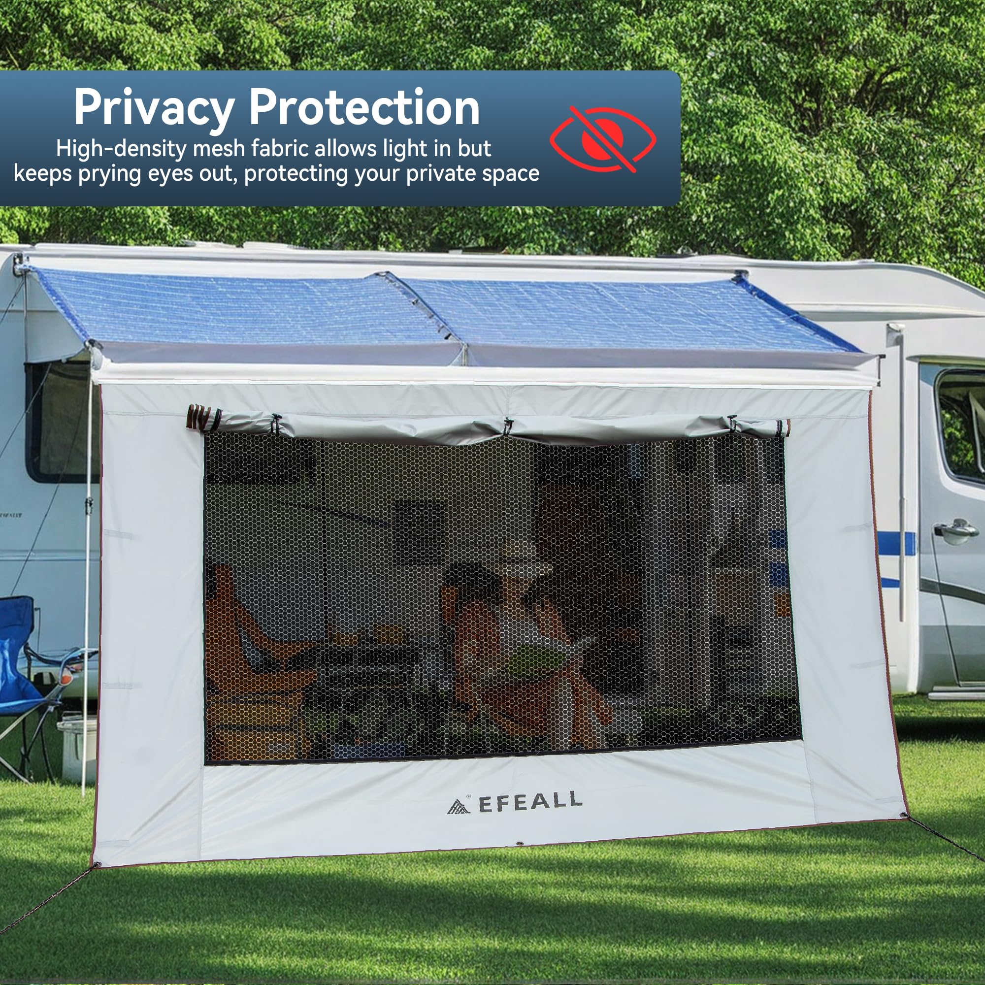 Parasol para autocaravanas pared delantera 2 x 3,7 m, protección UPF 50+, resistente a la lluvia, con ventana panorámica ajustable (tela+malla), toldo bloqueador de sol para listones de