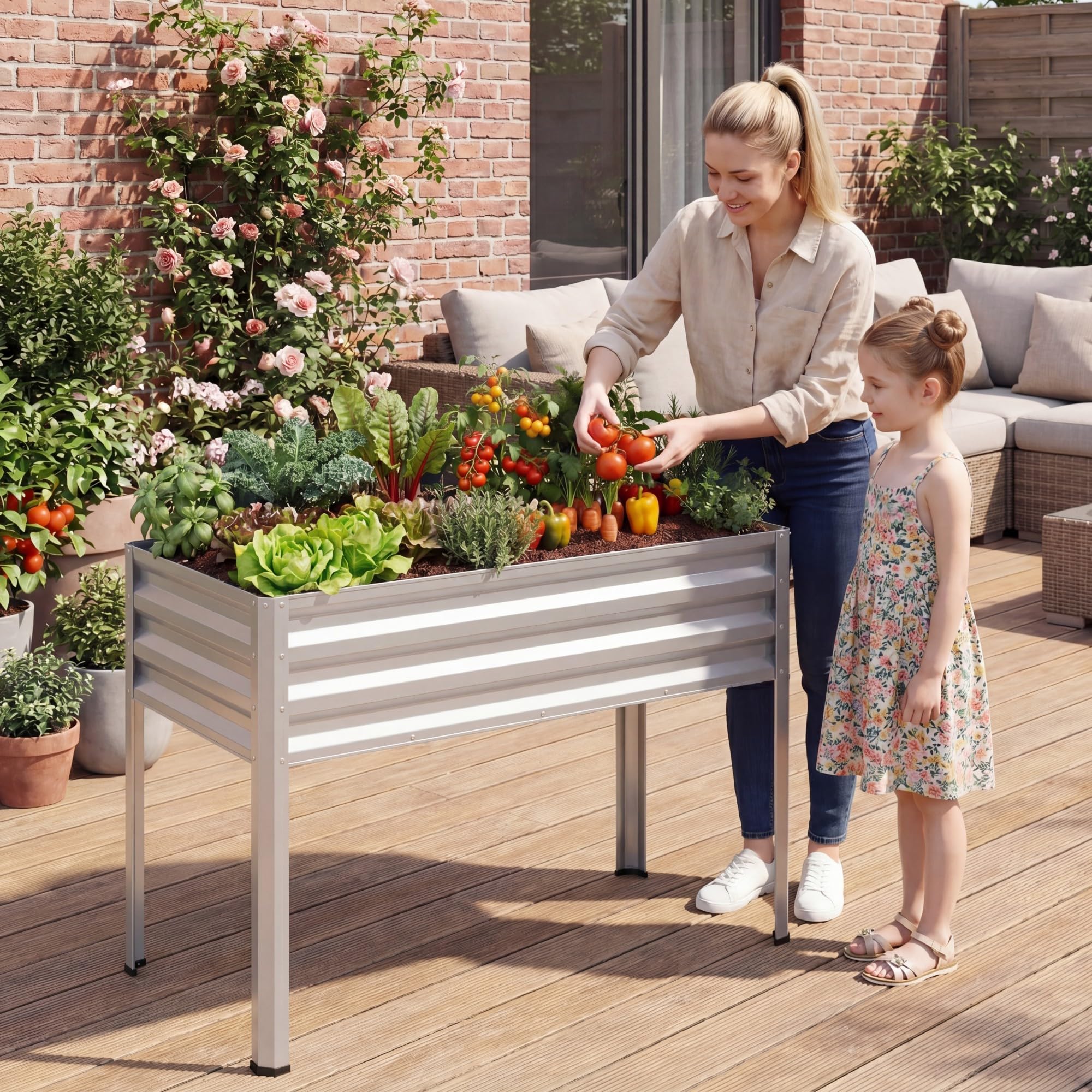 HOMASIS 142L Fioriera Rialzata da Giardino, Orto da Esterno in Metallo con Fori di Drenaggio, Altezza Ergonomica, Piedini Antiscivolo, Letto per Verdure, Fiori e Frutta, 112 x 55 x 81 cm (1, Argento)