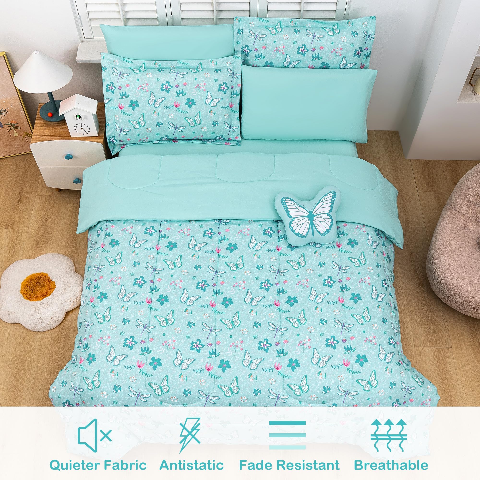 Mooreeke Bed in a Bag for Kids Girls Teens, 6 Pieces Twin Size Comforter Bed Set with Shams, Sheet Set and Decorative Toy Pillow, Butterfly Mint Green Super Soft Microfiber Kids Comforter Bedding Set