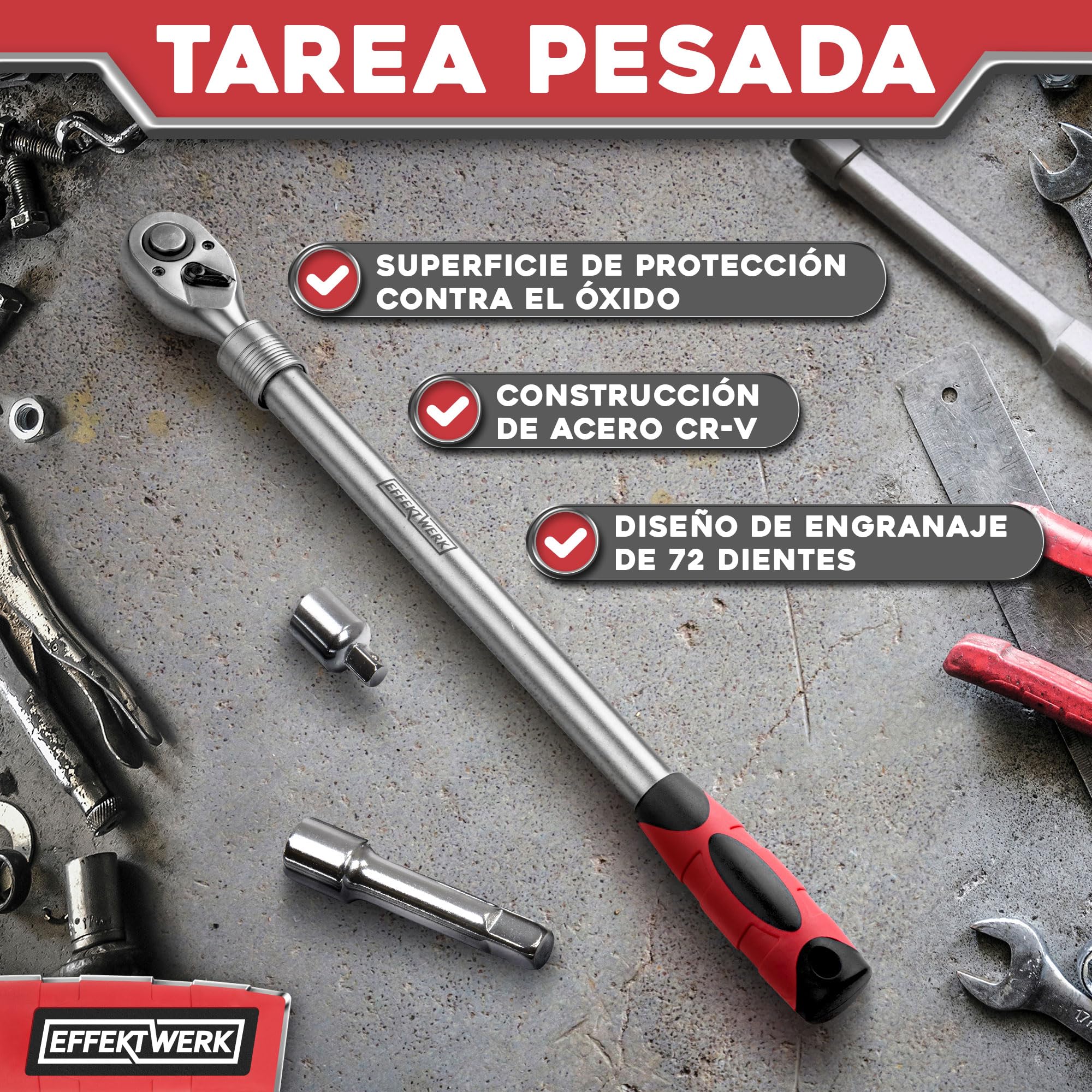 Carraca telescópica - Entrada de 1/2 pulgada, 72 dientes - Mango extensible de 46 a 60 cm - Con 6 posiciones de bloqueo - apriete 660 Nm