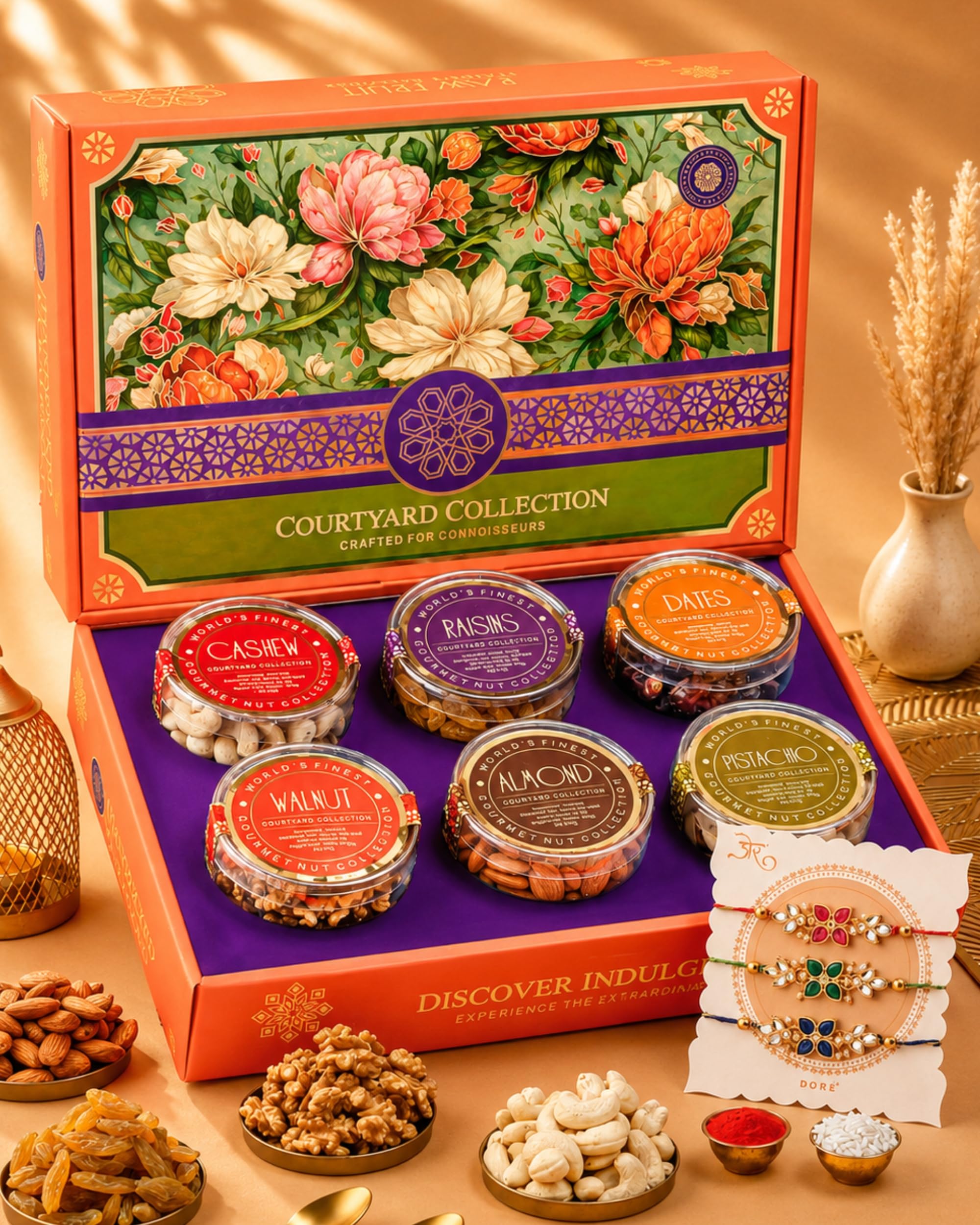 Hyperfoods® Rakhi Set for Brother RawFruit Courtyard Collection Set of 6 Dry Fruits Gift Box Rakhis Set of 3 Gift Hampers Rakhi with Dry Fruit Set Gift Pack Dryfruit Box for Gift Dry Fruit Hamper for Brother