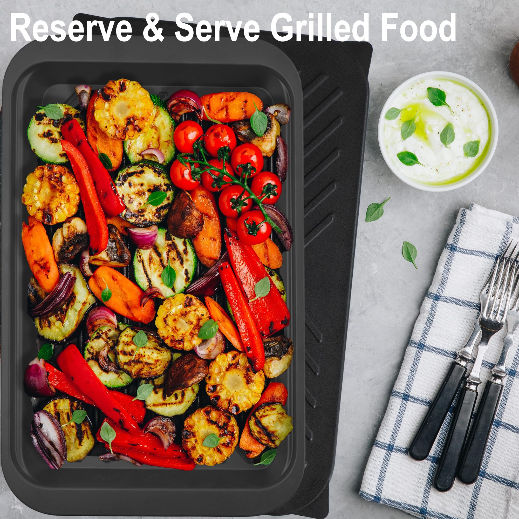 Czlizdyt Bandejas para preparar y servir a la parrilla profunda con tapa, bandeja de barbacoa para marinar alimentos crudos y cocidos, bandejas anidables aptas para lavavajillas, color negro en rojo