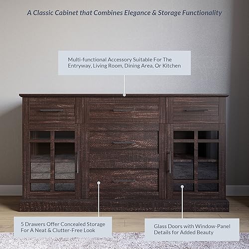 Miniatura 4 de BELLEZE Astorga - Mesa consola de buffet, mueble multimedia versátil con cajones y estantes ajustables, 58 pulgadas, color café expreso