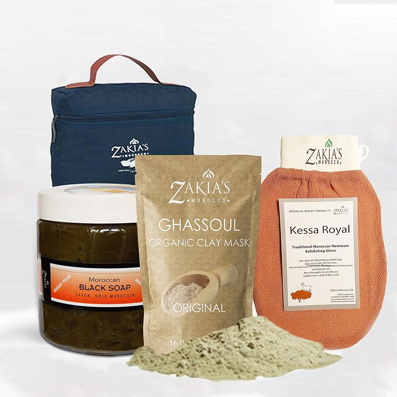 Zakia's Morocco Conjunto de Banho e Duche Marroquino com Sabão Preto Beldi de Almíscar Âmbar, Esfoliante Corporal e Ingredientes de Origem Natural