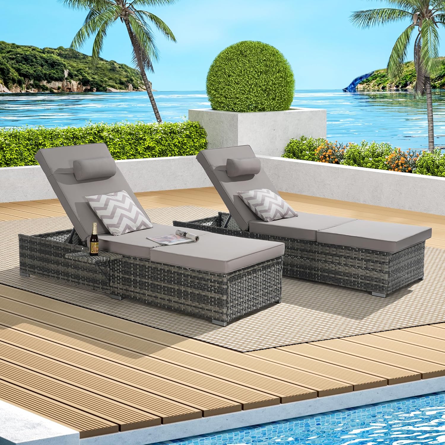 Outdoor Chaise Lounge Chair Set of 2 with Storage Patio Pool Chairs Tanning Lounges for Outside,Beach Rattan Recliners with Adjustable Backrest, Table, Cushion for Poolside Backyard Garden