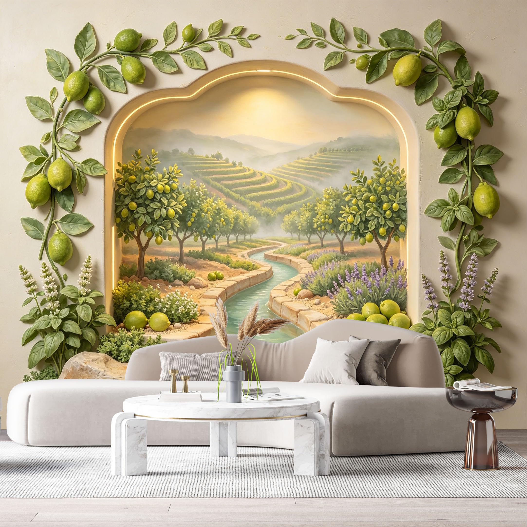 Custom Size Wall Murals Lemon Orchard River Landscape 3D Trompe L'Oeil SelfAdhesiveWall Fabric Removable Wallpaper Wall Decor for Living Room Bedroom Bathroom