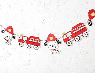 Puppy Fireman and Firetruck Banner- Printed Firetruck Birthday Party Garland, Firefighter Birthday, Fire Department Party Decor, Fireman Party Deco