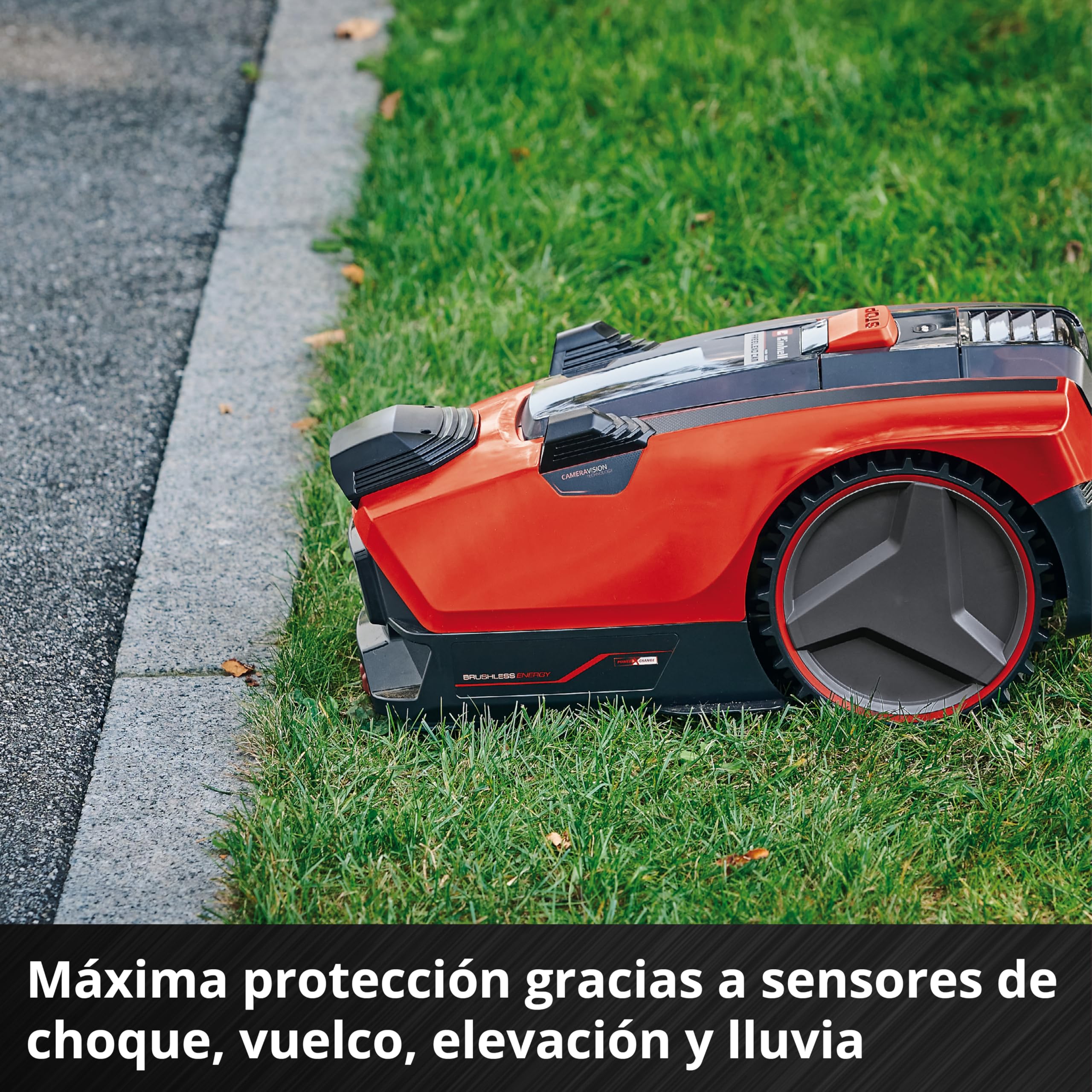 Einhell Robot cortacésped FREELEXO CAM 500 Power X-Change (18V, cámara vs Alambre de delimitación, Superficies de césped de 500m2, Pendiente hasta 25%, Ancho de Corte 18cm, protección antirrobos)