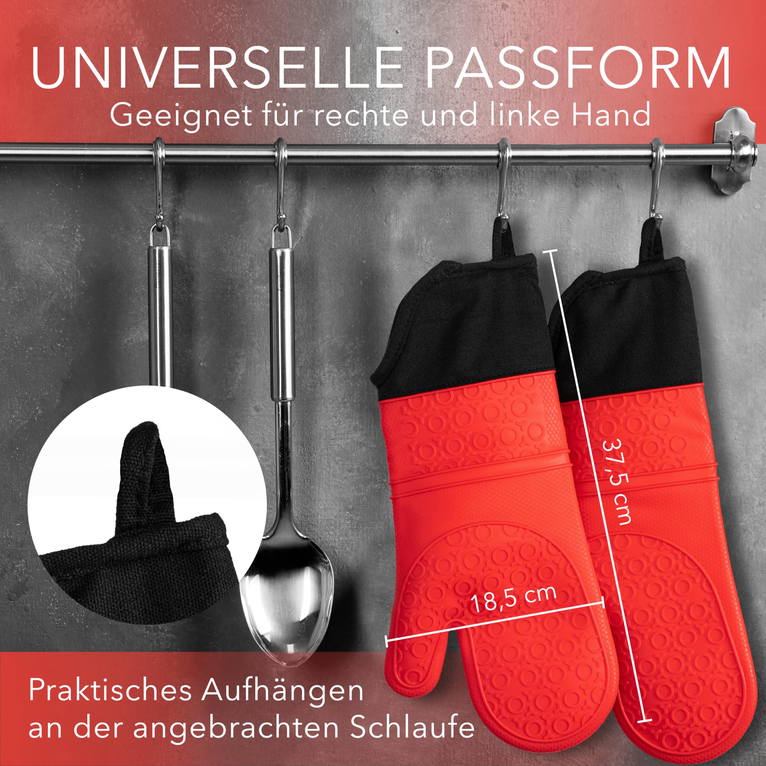 Image secondaire de AVANA Gants de Four en Silicone - résistants à la Chaleur jusqu'à 350 °C - Maniques Gants de Cuisine - Antidérapants - Rouge