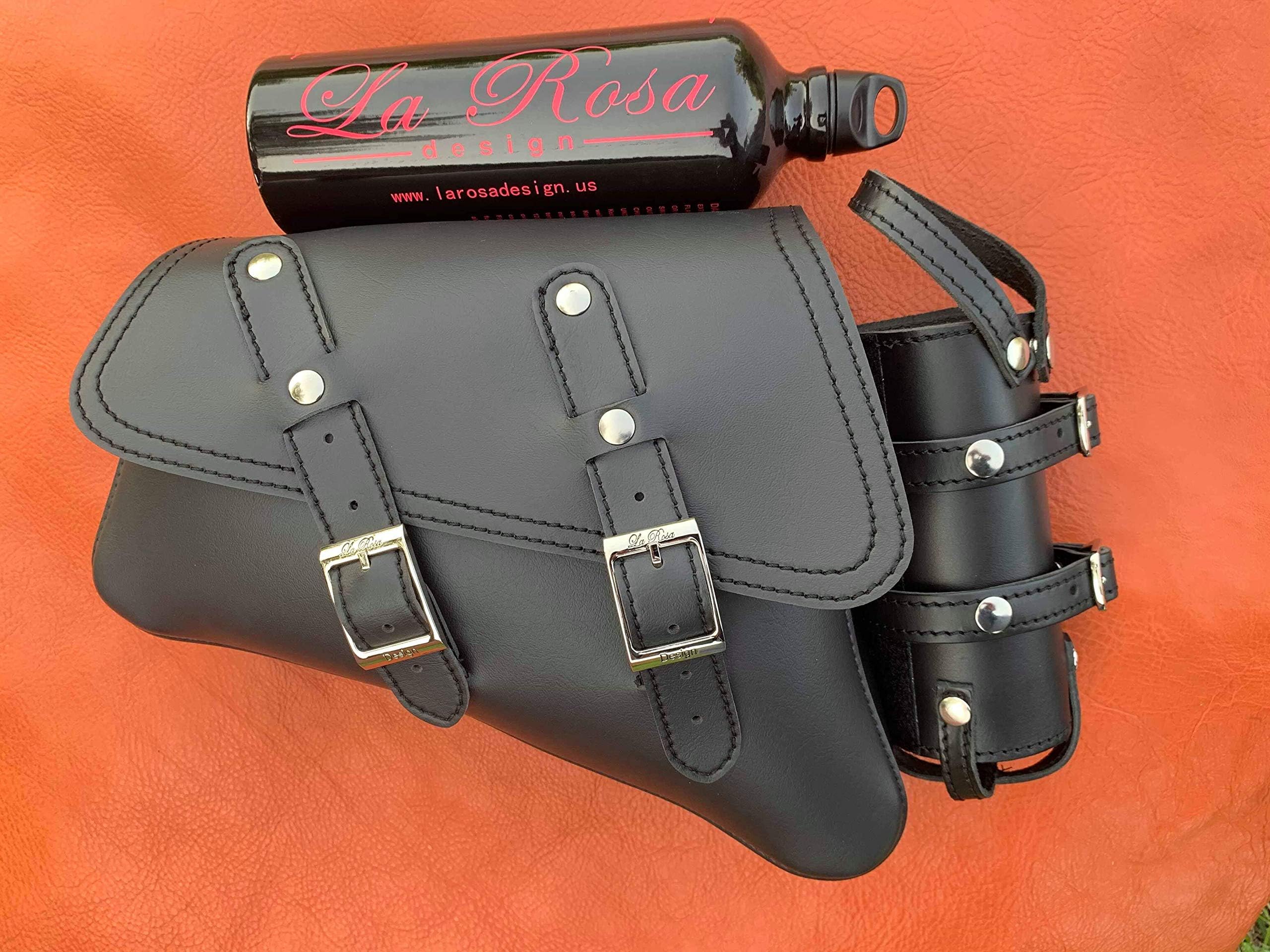 04-UP H-D Sportster Nightster 1200 Forty-Eight 72 Roadster Left Side Saddle Bag Swingarm Bag with Fuel Bottle Holder- Black Faux Leather Includes Fuel Bottle