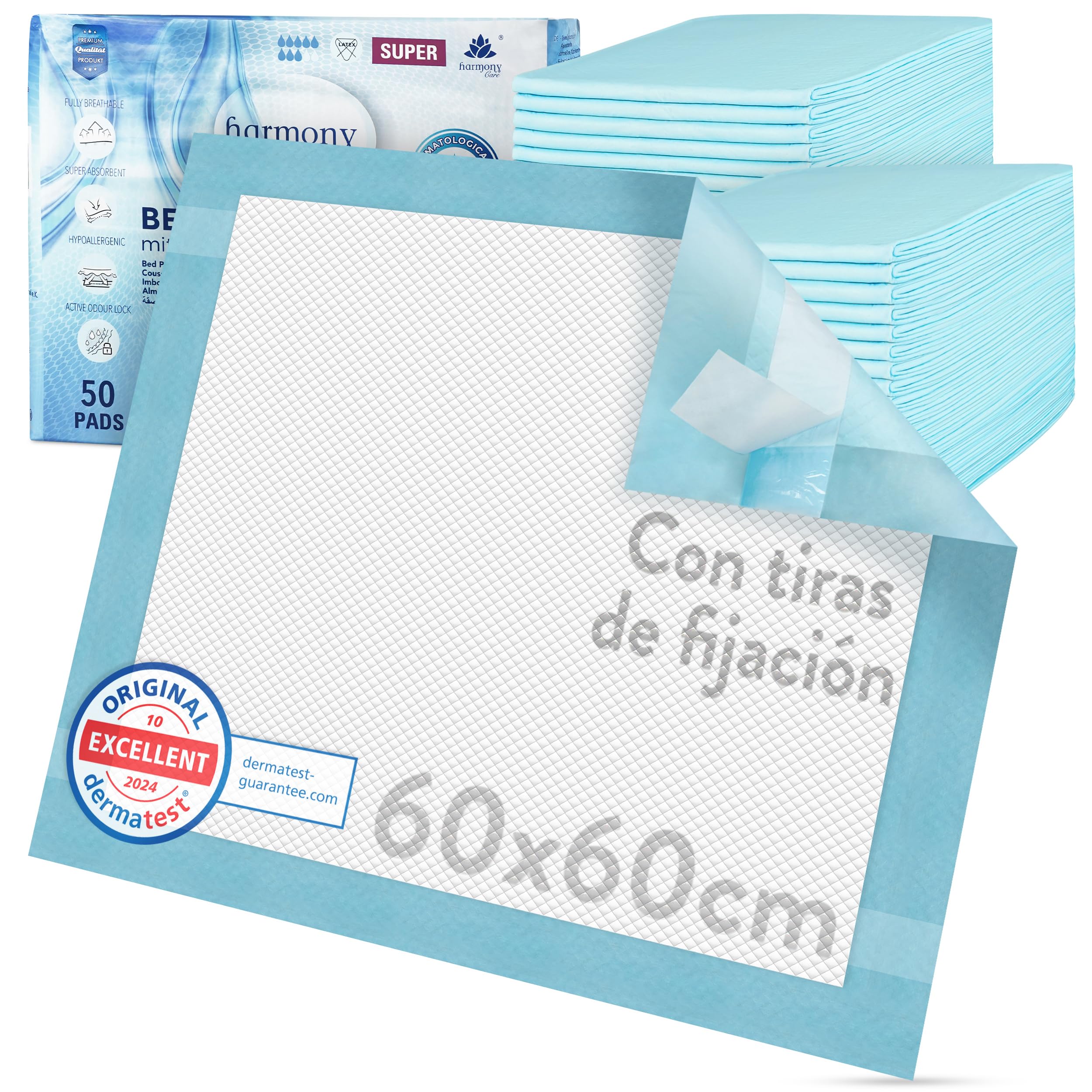Harmony Care® 50 x Protectores de Cama con Tiras de fijación – 60 x 60 cm absorbentes – Almohadillas Antideslizantes Desechables para incontinencia