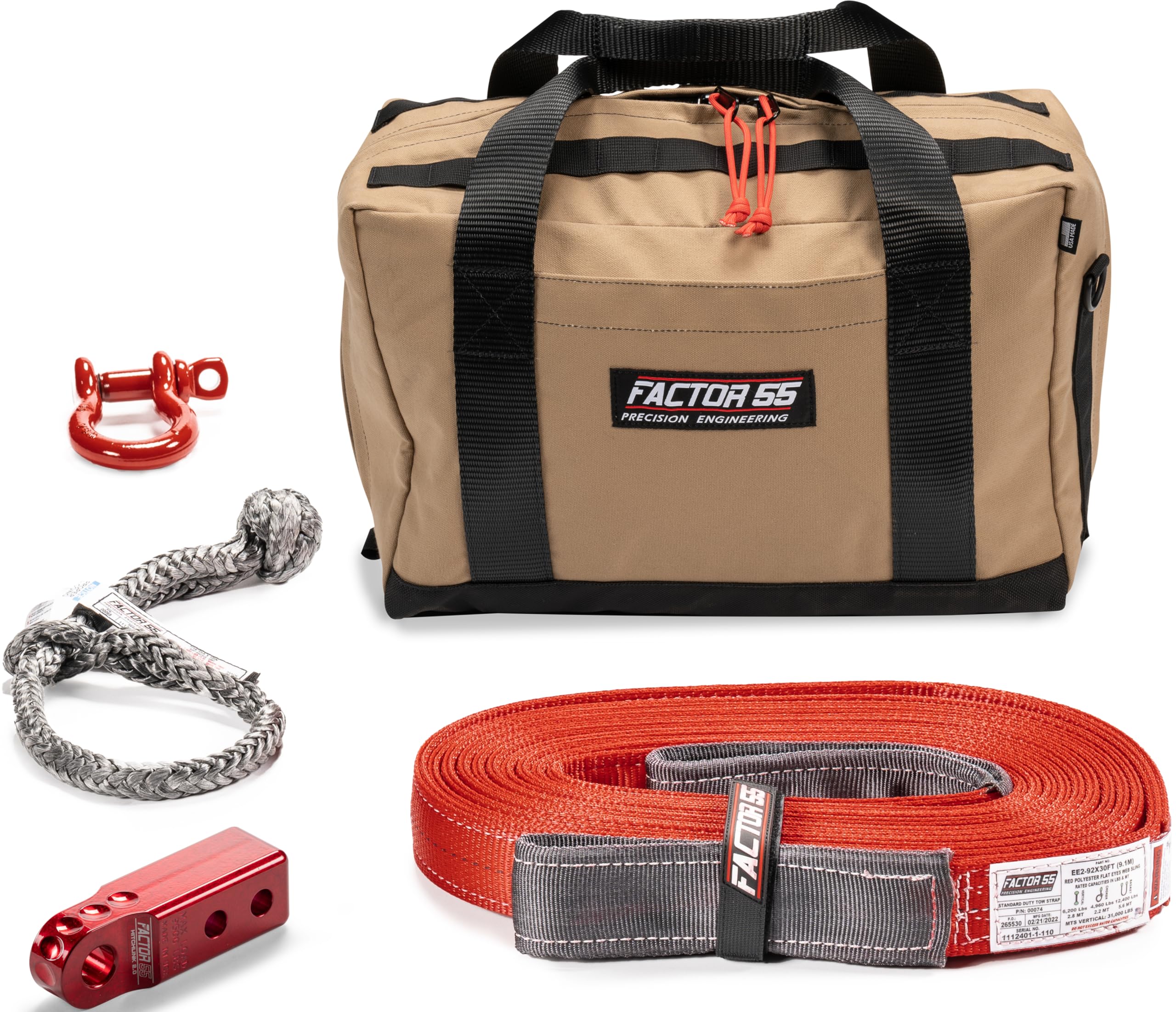 Factor 55 Owyhee Tow and Recovery Kit for Trucks, Jeeps, and SUVs, with Red Hitchlink and Medium Bag