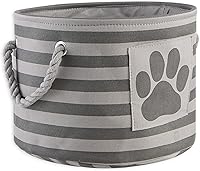 Vista 2 de Bone Dry - Cubo de almacenamiento para mascotas con parche de pata rayado, pequeño redondo, gris, para razas medianas