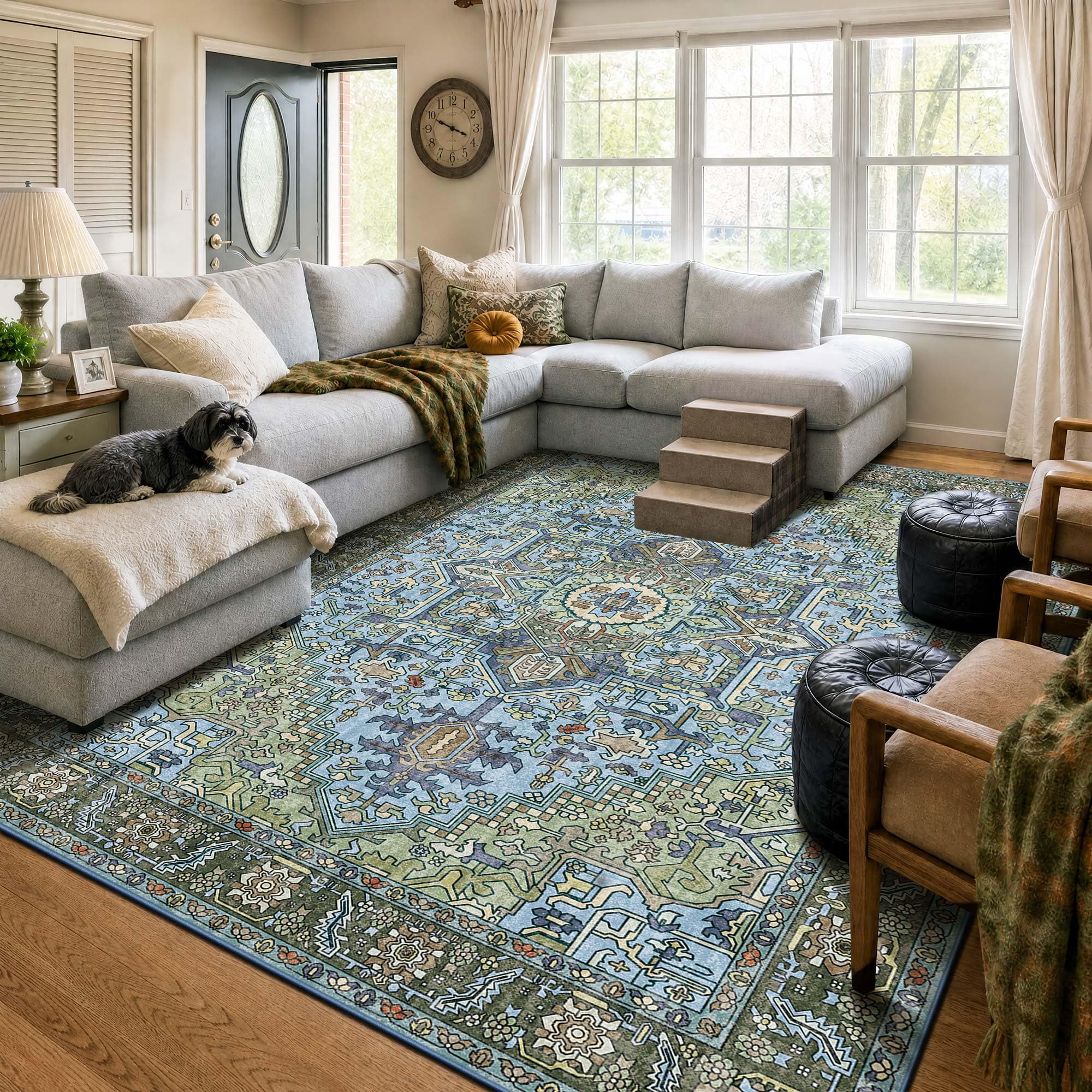 Kokia 9x12 Green and Navy Blue Vintage Boho Oriental Soft Washable Area Rug