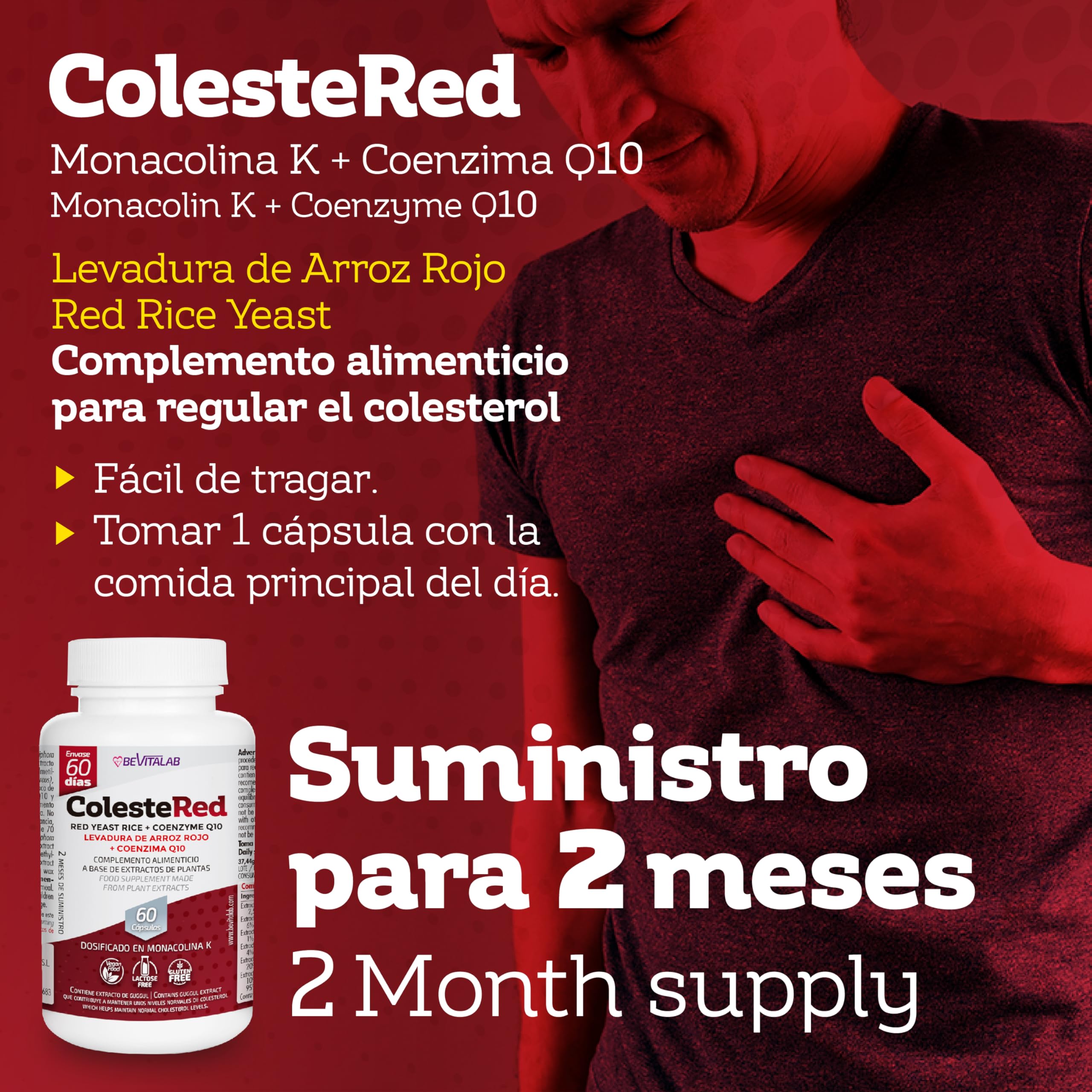 Colestered para Regular Nivel de Colesterol y Salud Cardiovascular, Levadura de Arroz Rojo con Monacolina K, CoQ10, Vitamina B6, Suplemento Alimenticio, 60 Cápsulas, Fabricado en España
