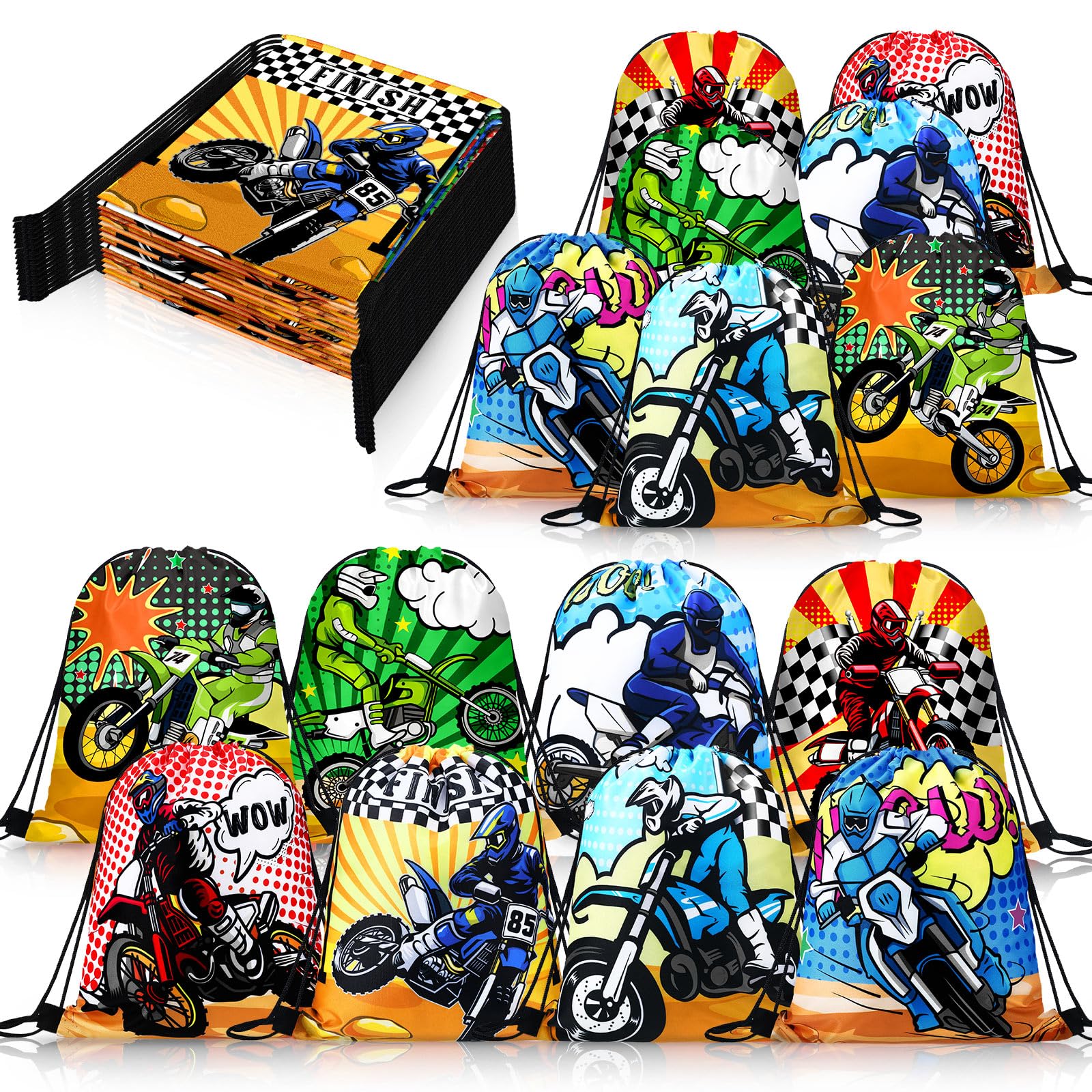Boao 16 Pack Dirt Bike Favors Bag Racing Themed Party Drawstring Motorcycle Goodie Bags for Birthday Party Supplies Candy Gift Men Bike Lover