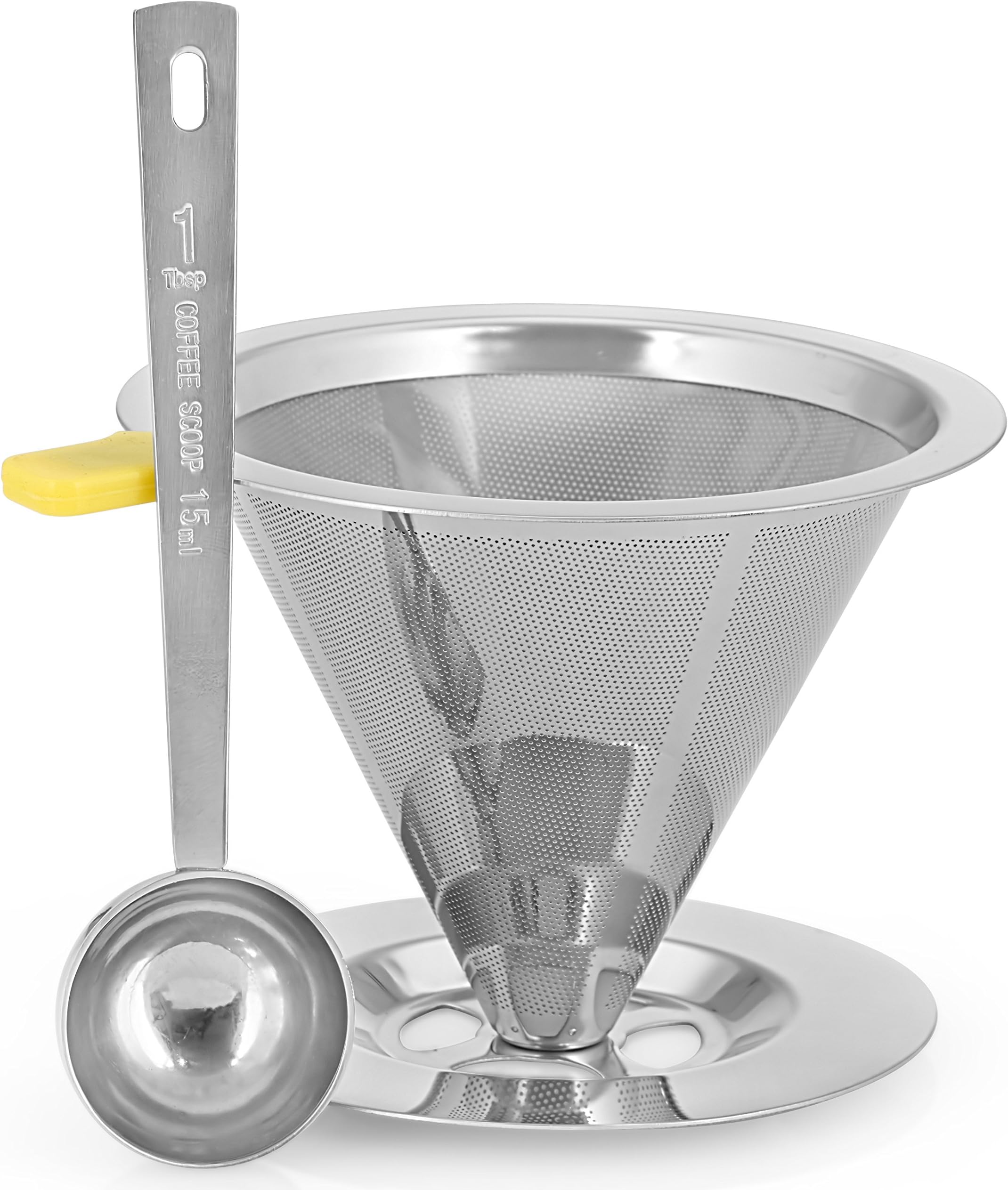 Pour Over Coffee Maker - BCI Coffee Master Cone Coffee Dripper Paperless Permanent Stainless Steel Fine Mesh Pour Over Coffee Dripper with Built In Stand and Stainless Coffee Scoop