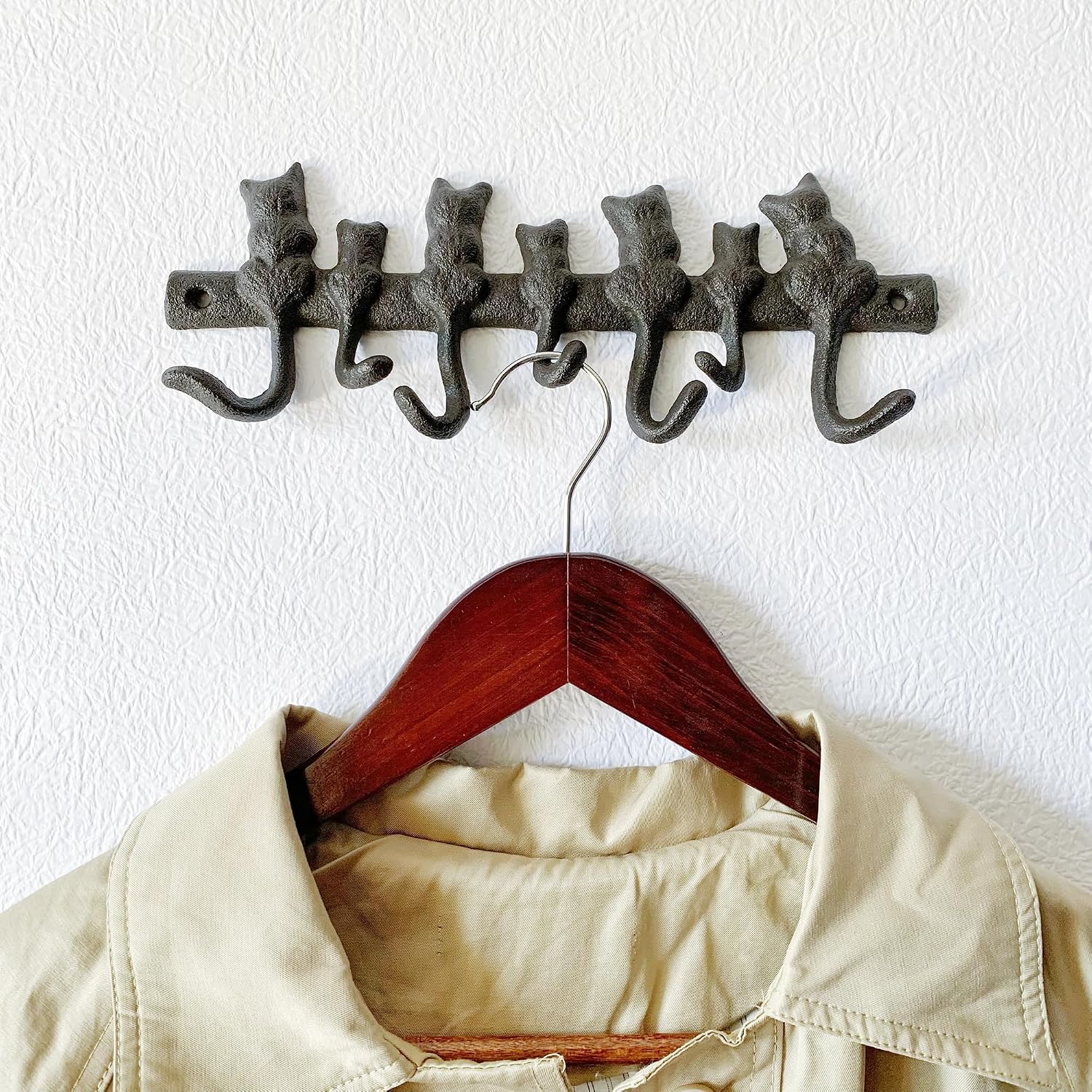 Rustic Cat-Shaped Decorative Wall Hook Rack Hangers for Hanging Clothes, Coats, Towels, Keys, and Hats, Antique Cast Iron Mounted Wall Hooks