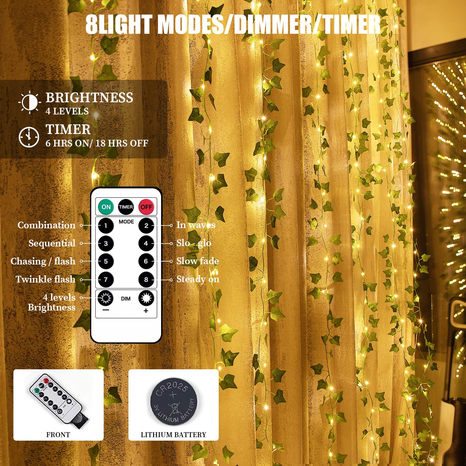 Artrastar Pack of 10 LED Ivy Artificial Fairy Lights USB Ivy Garland with 200 LED Fairy Lights for Spring Children's Room Curtain Wall Decoration - Image 2