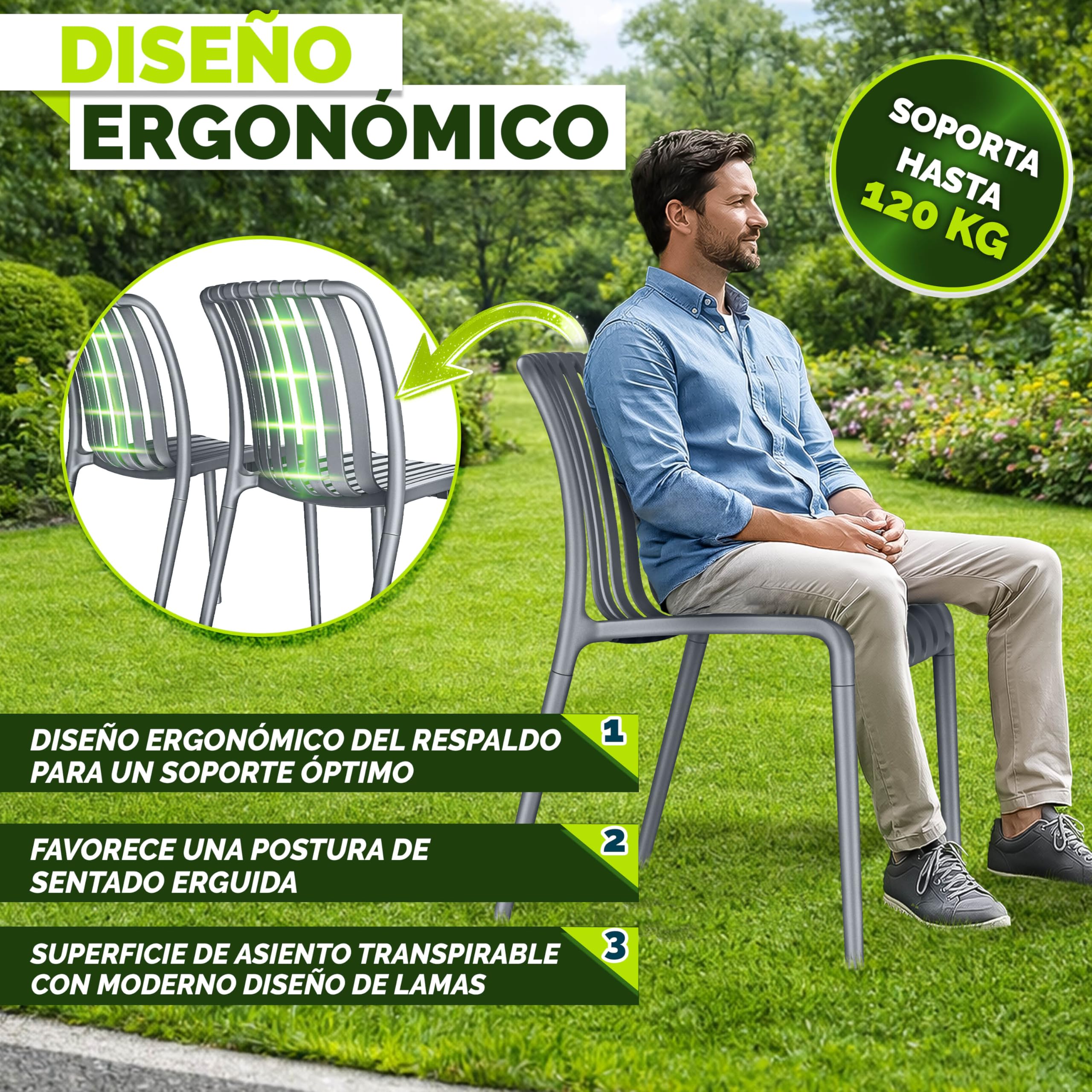 tillvex Juego de 2 sillas de jardín apilables, resistentes a la intemperie, sillas de exterior de hasta 120 kg, sillas de jardín para exteriores, muebles de terraza, balcón, jardín, terraza