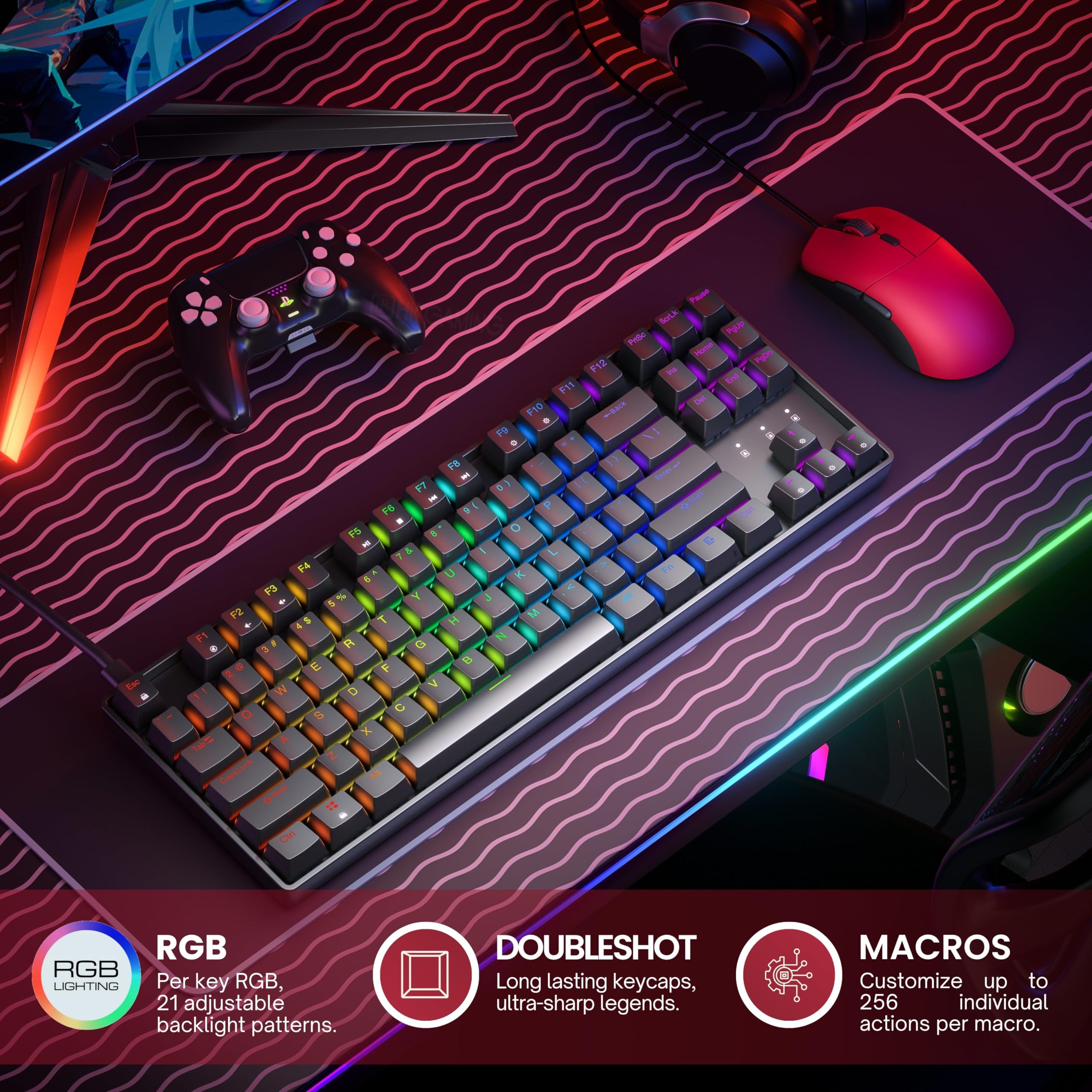 HK GAMING GK80 TKL v3 | Tastiera meccanica da gioco hotswap | Tenkeyless 87 tasti multi colore RGB retroilluminata a LED per PC/Mac Gamer | layout USA (nero, marrone meccanico)