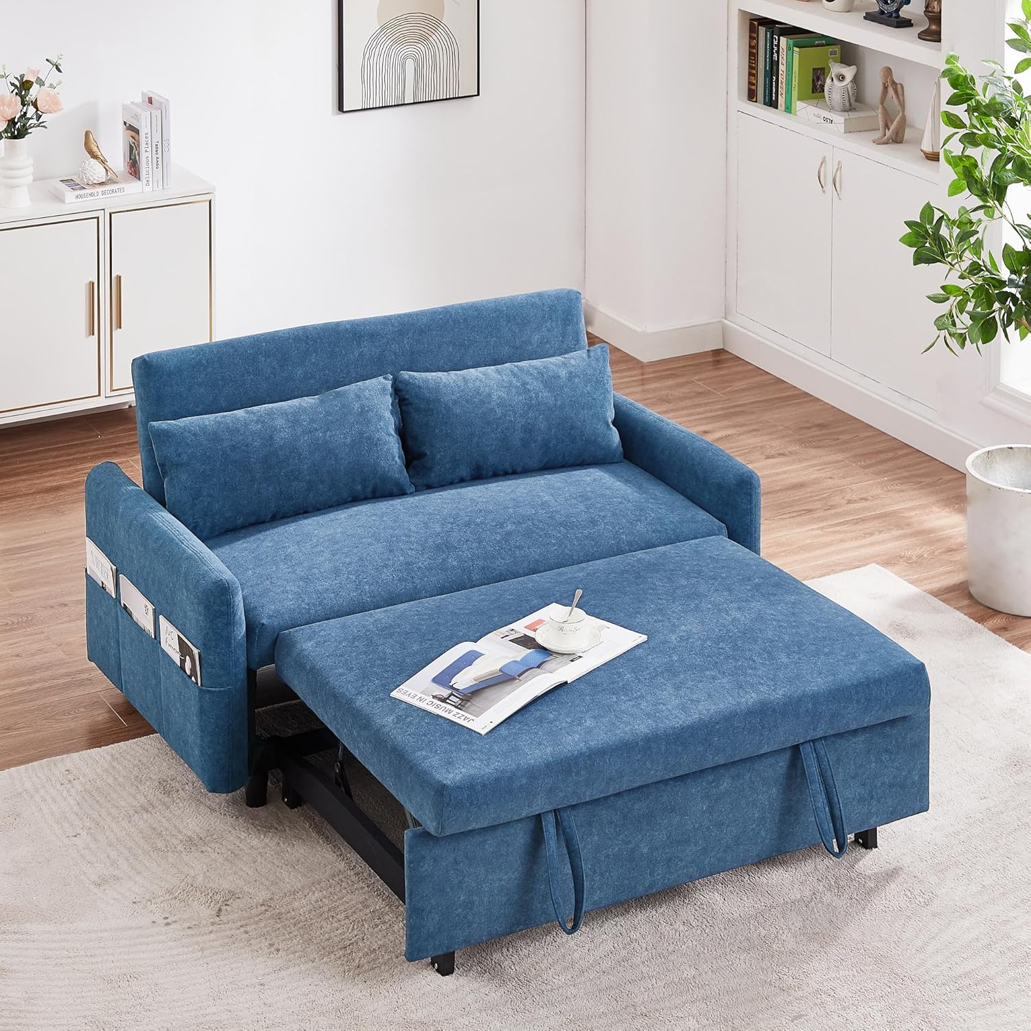 Harper & Bright Designs 55.1" Pull Out Sleeper Sofa Bed, Loveseats Sofa Couch with Adjustable Backrest, Storage Pockets and 2 Soft Pillows for Living Room/Bedroom/Apartment/Office, Blue