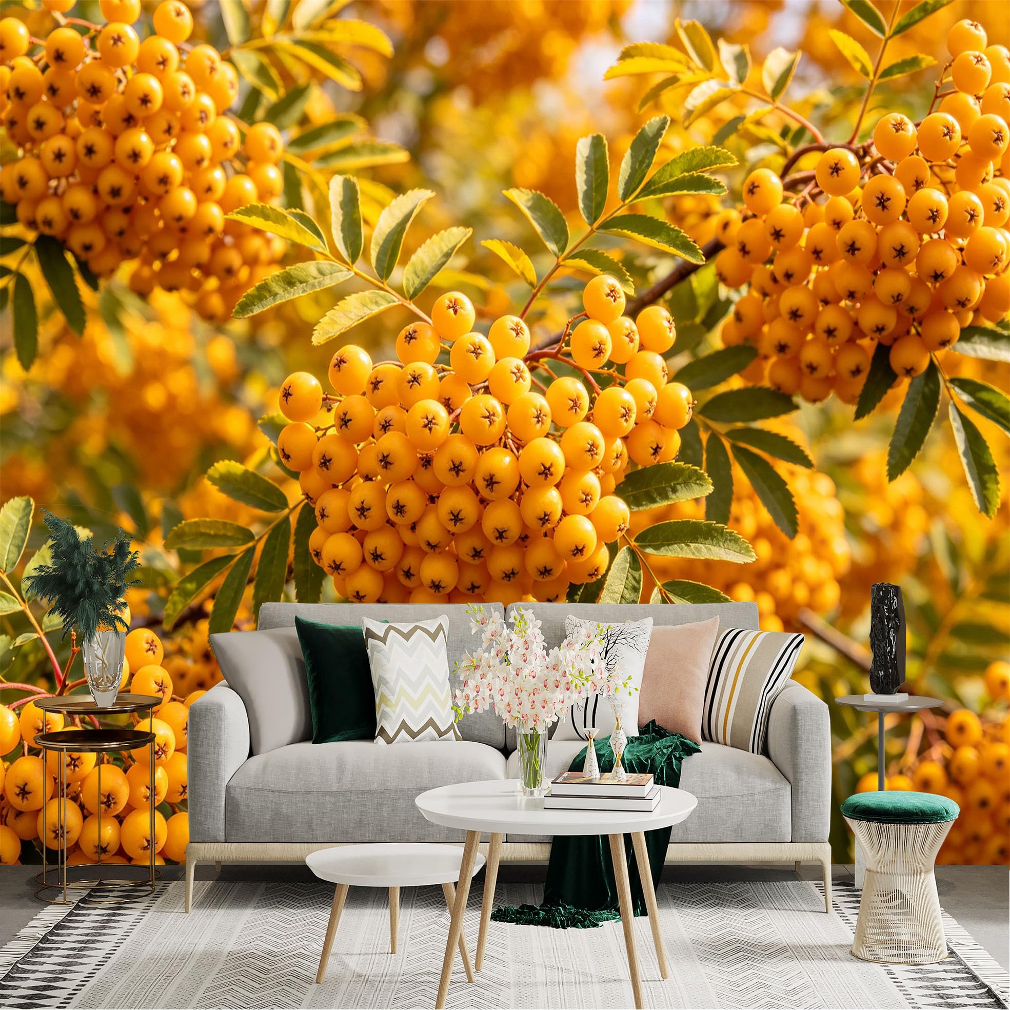 Lnzczhyre Dbh260521381 Custom Size Wall Sticker Mural， Yellow Rowan Berries In Autumn， Vibrant Fall Foliage， Golden Fruit Clusters， Seasonal Botanical Decor， For Wall Decoration， Peelandstick Wall Decals.