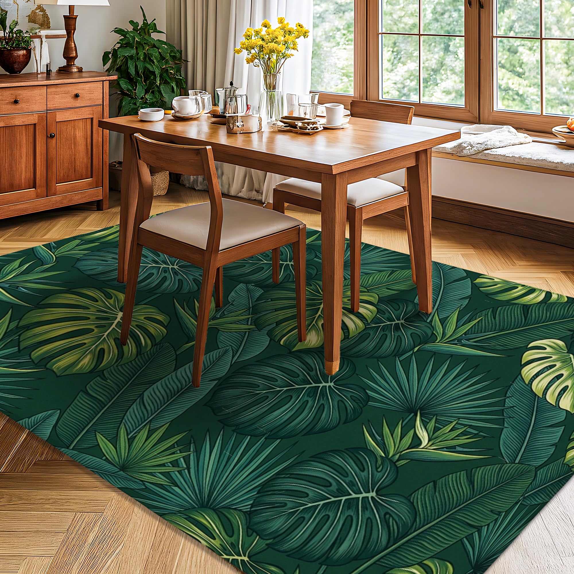 Monstera Tapis rectangulaire doux antidérapant et résistant aux taches pour salon, chambre à coucher, salle de classe, dortoir, 1,5 x 2,1 m, vert foncé