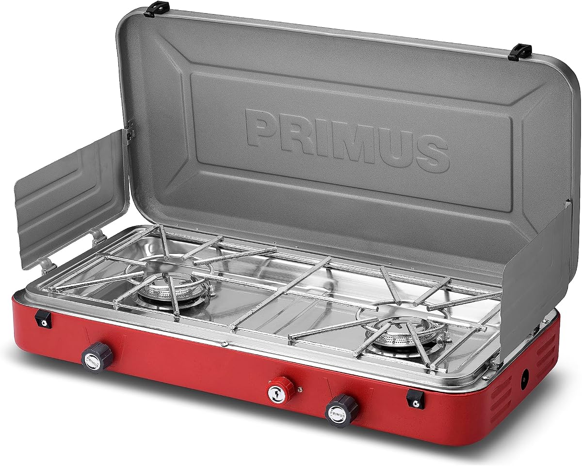 Estufa de camping portátil Profile de 2 quemadores | Perfecto para viajes por tierra y acampadas | Encendido piezoeléctrico para un arranque fácil, negro