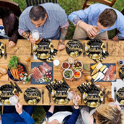 Miniatura 5 de Juego de vajilla para fiesta de cumpleaños de 96 piezas, color negro y dorado, platos y servilletas de fiesta negros, suministros de papel