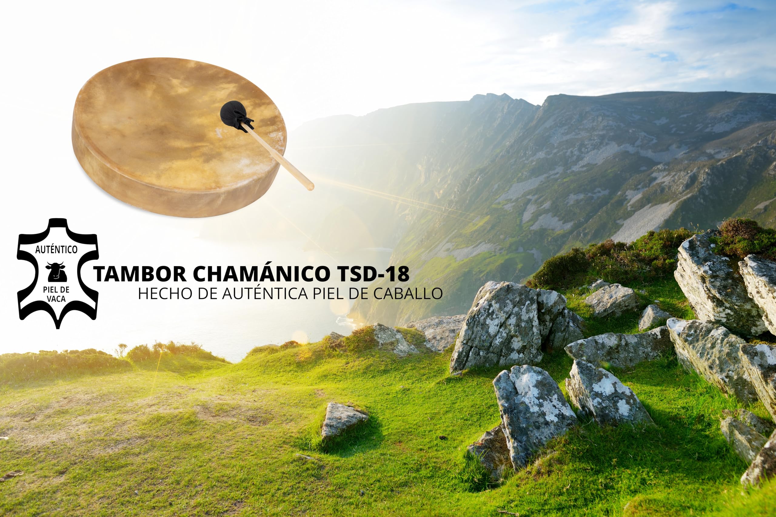 Classic Cantabile TSD-18 tambor chamánico tradicional 18" con piel de caballo real, tensado a mano, marco de madera estable. Ideal para meditación, viajes sonoros, terapia y rituales. Natural