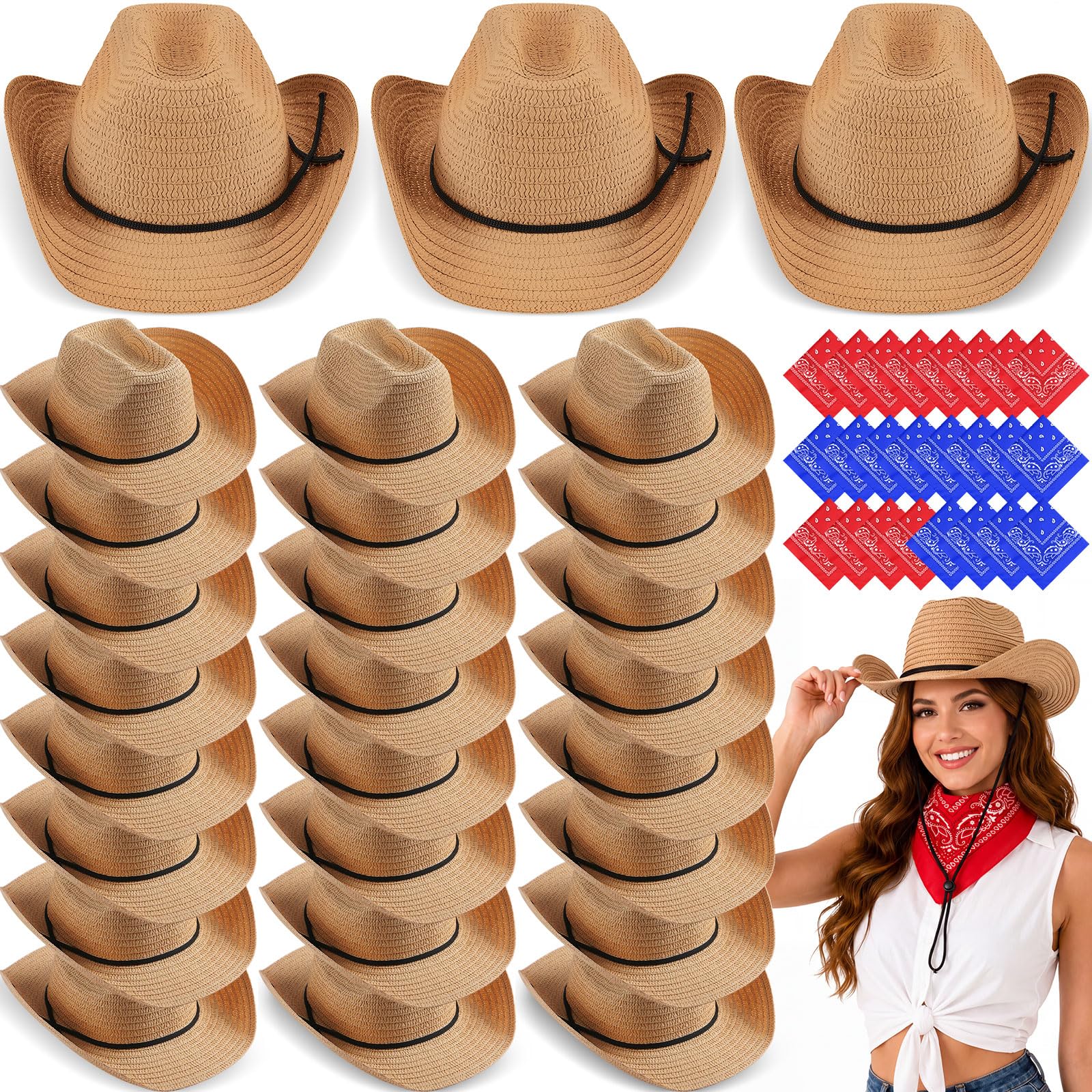 Coume 48 Pcs Cowboy Hats and Bandanas Bulk Set