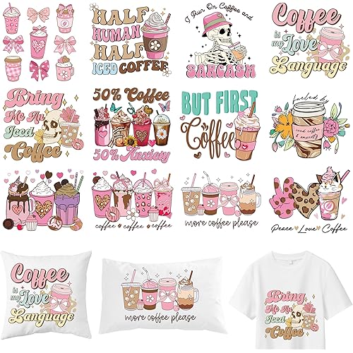 12 Sheets Coffee Iron on Transfers for T-Shirts, Funny DTF Transfers Ready to Press Heat Transfers Vinyl, Pink Iron on Patches Decals for Clothes Bag Hoodie Pillow Covers DIY Crafts