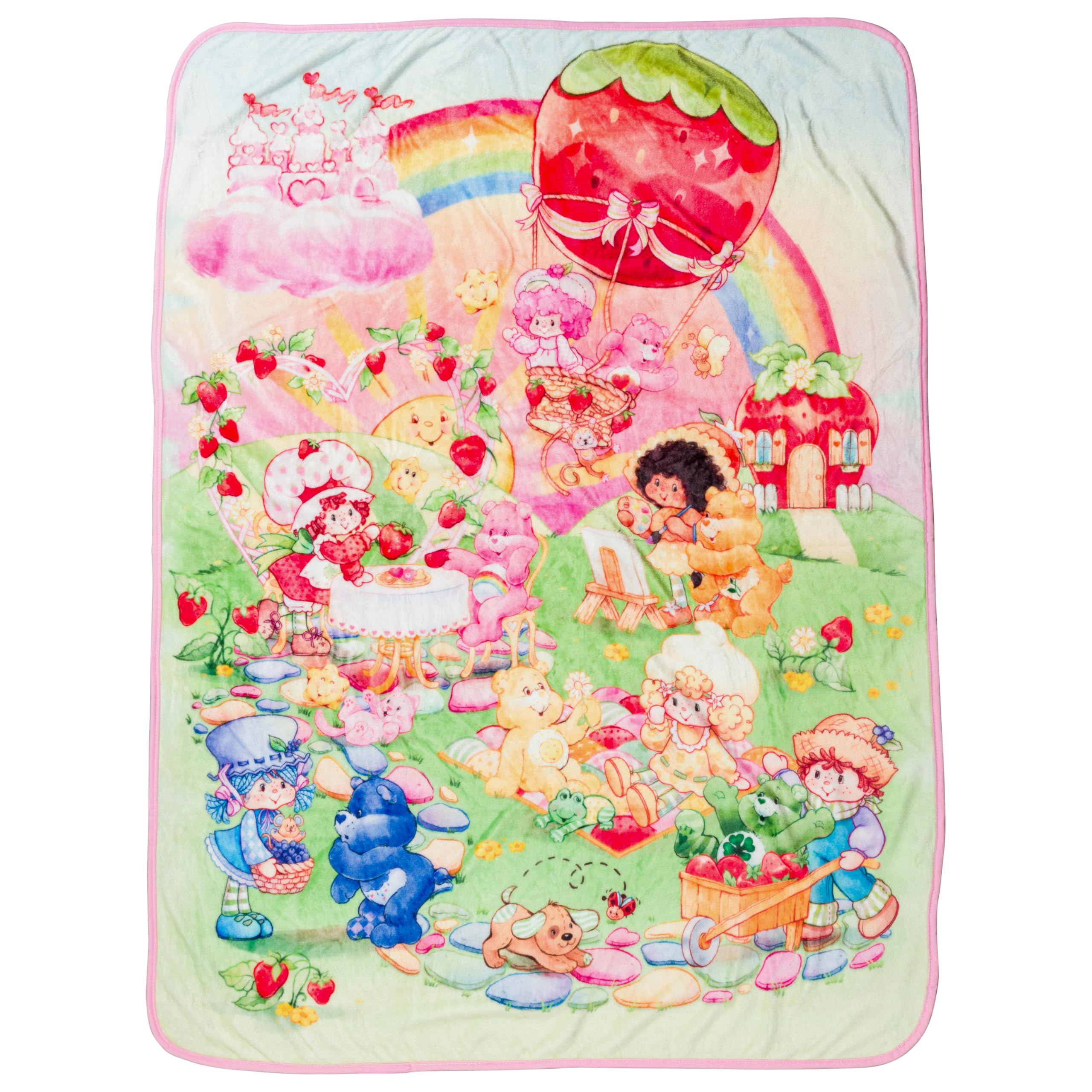 Silver Buffalo Care Bears and Strawberry Shortcake 45” x 60” Fleece Throw, Soft and Cozy Blanket, 250 GSM