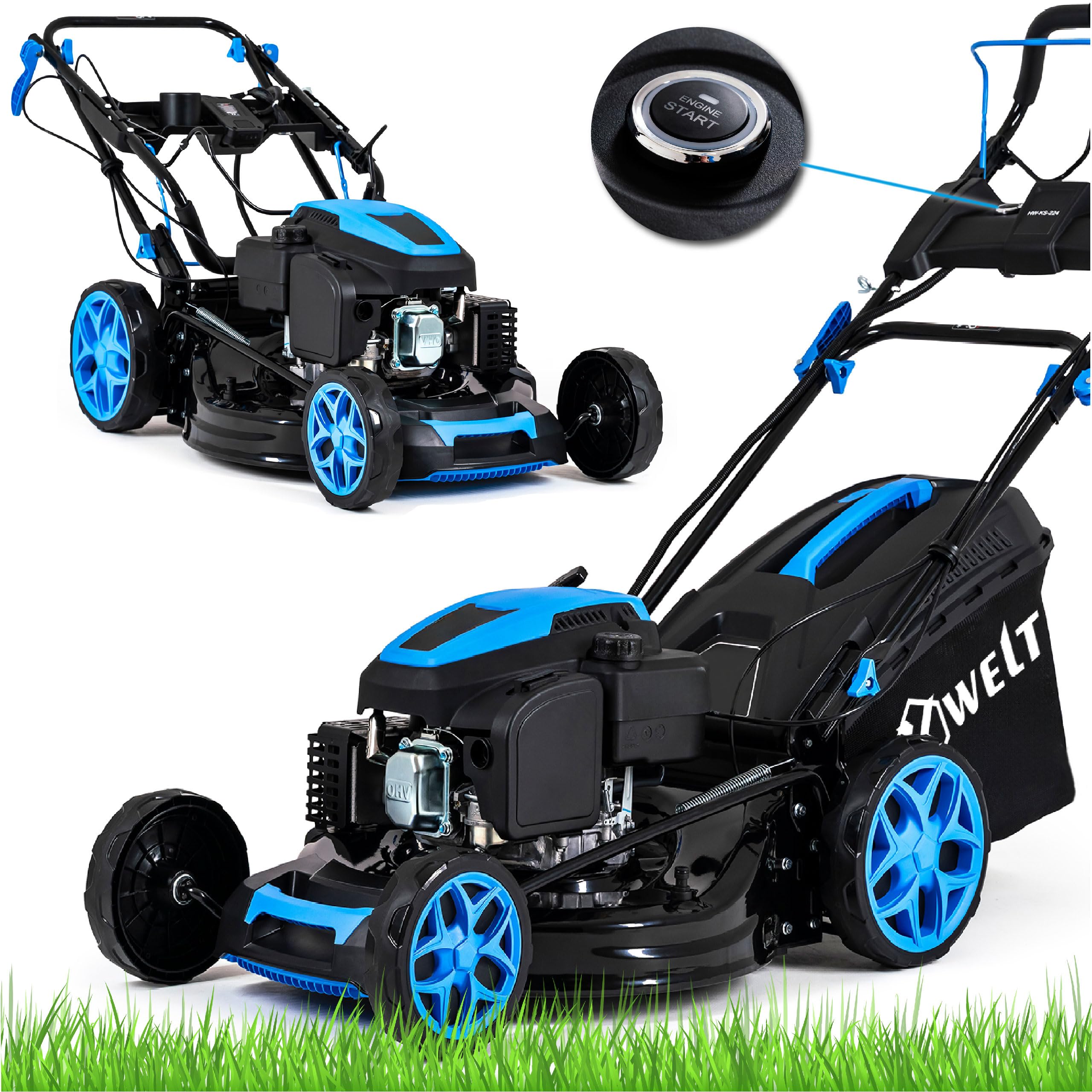 Hexwelt HW-KS-224 - Cortacésped de gasolina con autotracción, arranque eléctrico, motor Ducar OHV de 224 cm³, ancho de corte de 53 cm, bandeja de recogida de 60 L, función mulching, eyección latada