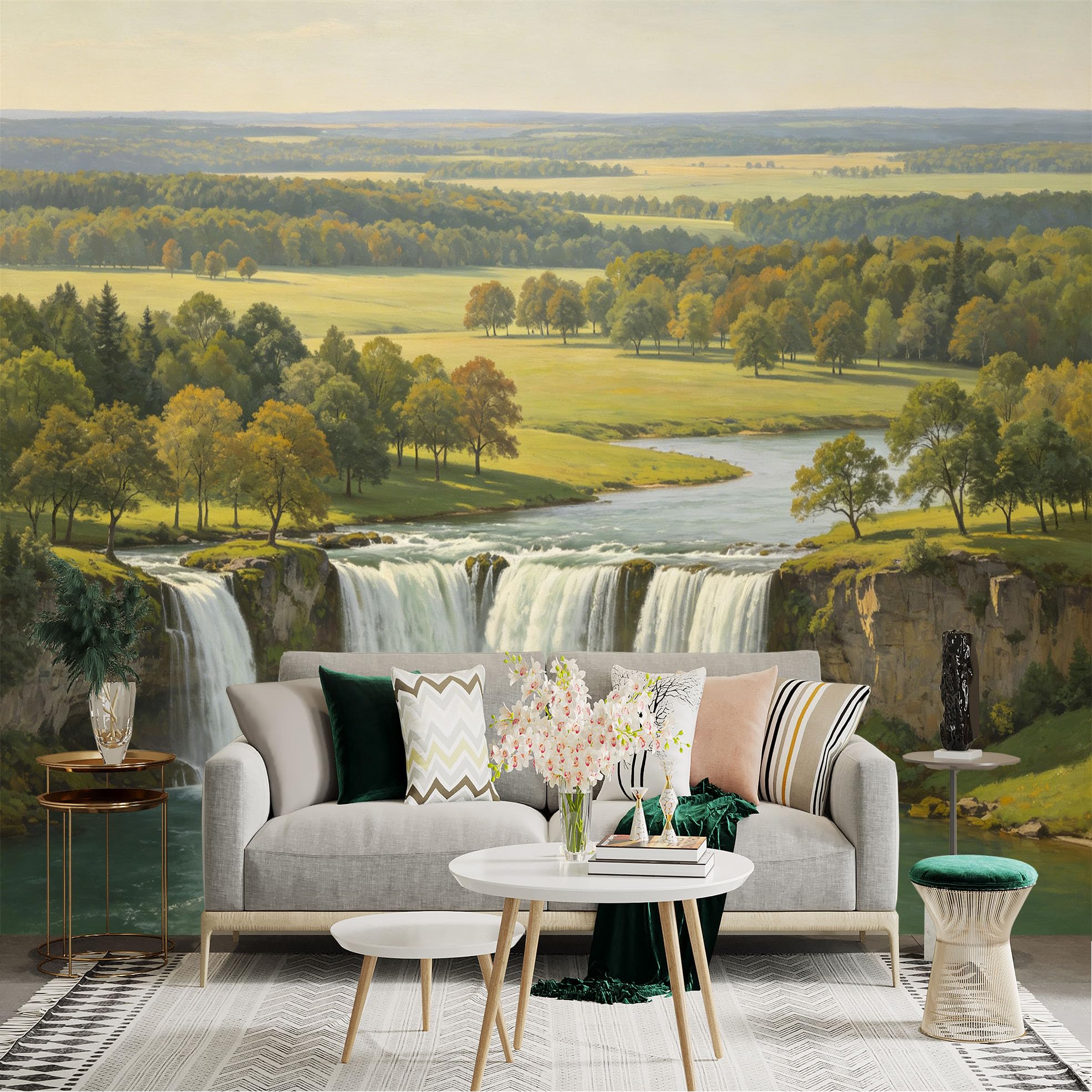 Lnzczhyre Dbh260521315 Custom Size Wall Sticker Mural， Scenic Waterfall Landscape， Lush Green Meadow， Flowing River， Nature View， For Wall Decoration， Peelandstick Wall Decals.