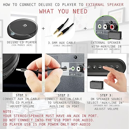 Miniatura 4 de Reproductor de CD portátil con protección antideslizante de 60 segundos, auriculares estéreo, incluye cable de entrada auxiliar y cable
