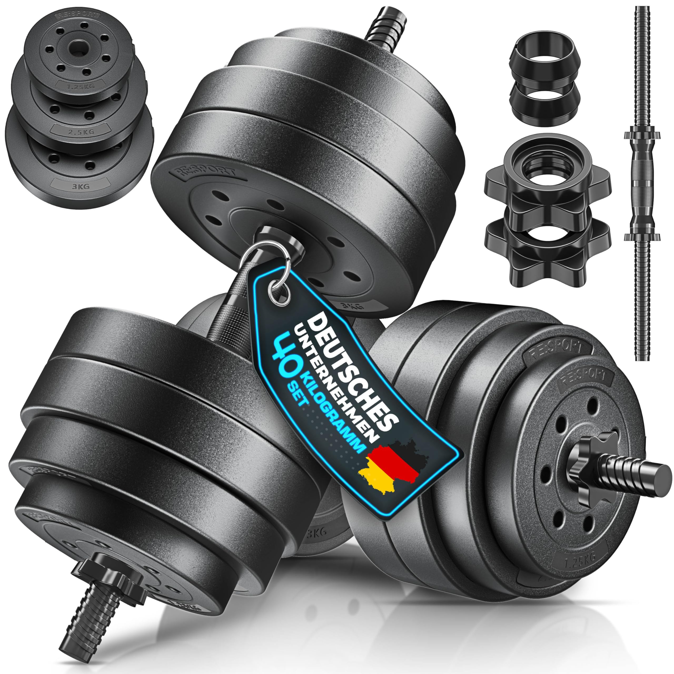 RE:SPORT 2er Hanteln Set verstellbar 15/20/30/40 kg | Hantelset mit 2 Kurzhanteln | Hantel mit Gewichten & 4 Sternverschlüsse | Fitness Kurzhantel für Muskelaufbau, Workout & Zuhause