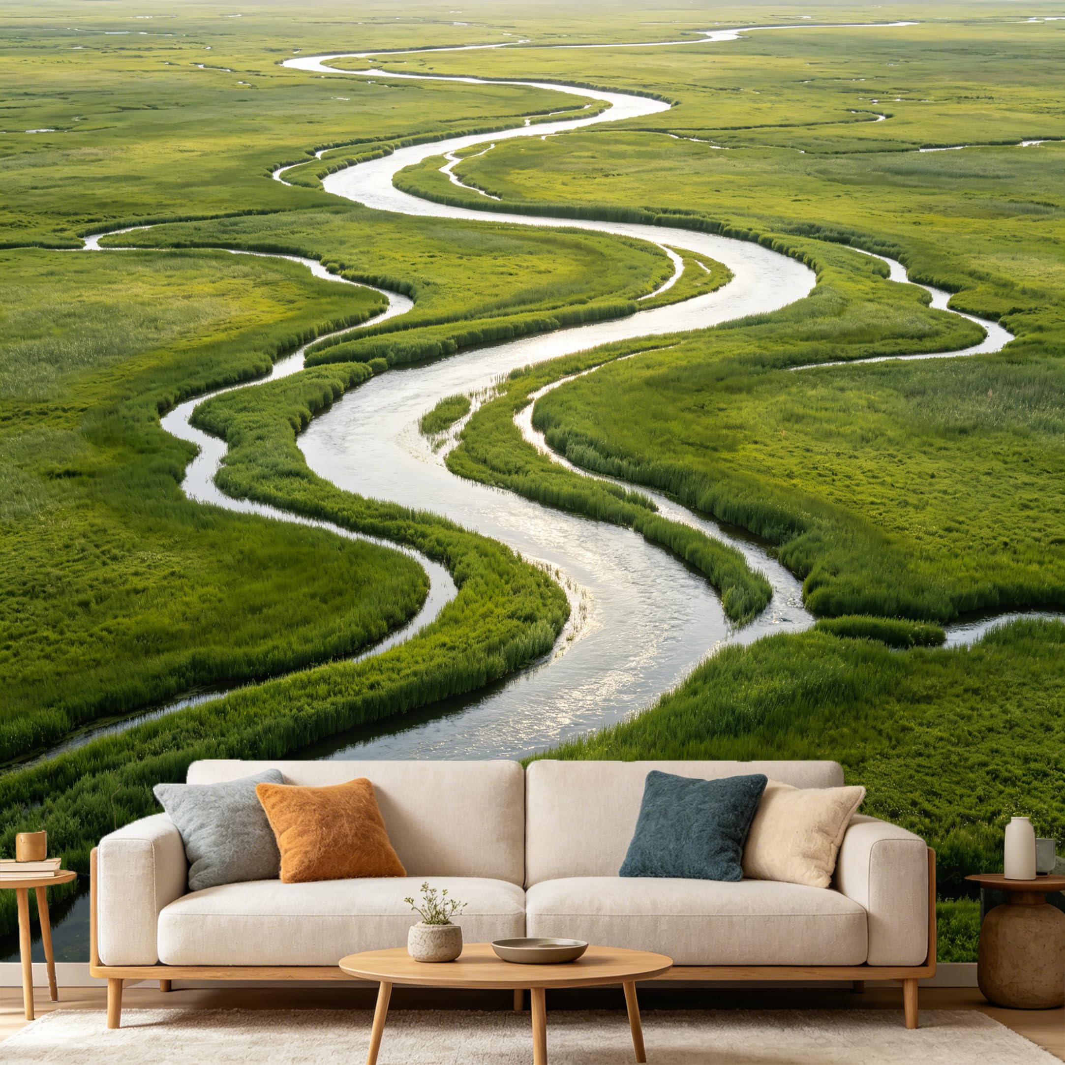 Custom Size Wall Mural Landscape Winding River Meadow Stream Nature Scene SelfAdhesive Art Prints wall Fabric（No PVC） Removable Wallpaper Home Bedroom Decor