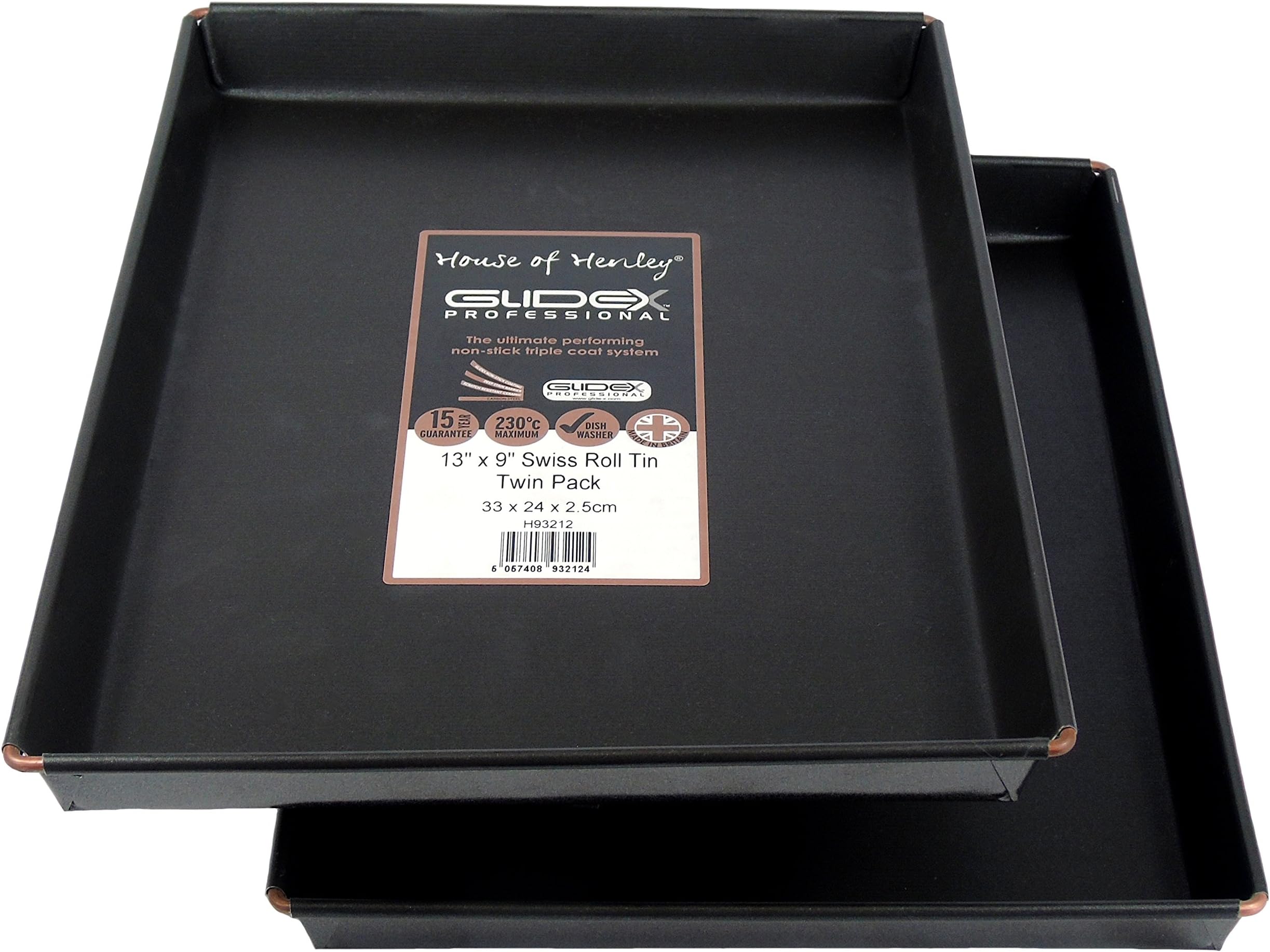 GlideX™ Professional Set of Two Non Stick 13" x 9"/ 33 x 24cm Handmade Swiss Roll Tins by House of Henley