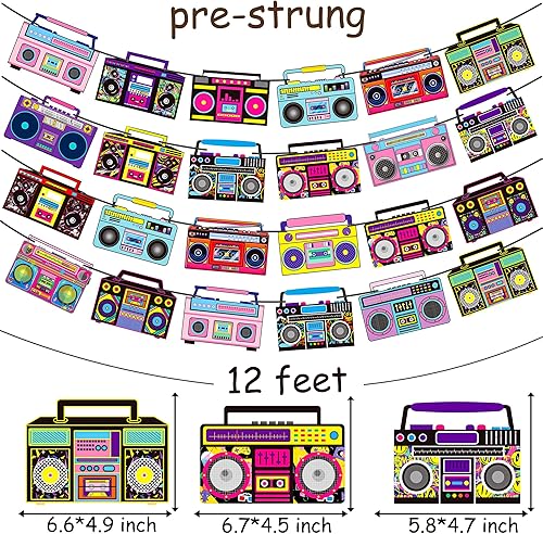 Miniatura 3 de Banderines de radio Boom Box, 4 unidades, decoraciones retro de fiesta de radio, pancartas recortadas de los años 80, suministros de fiesta de