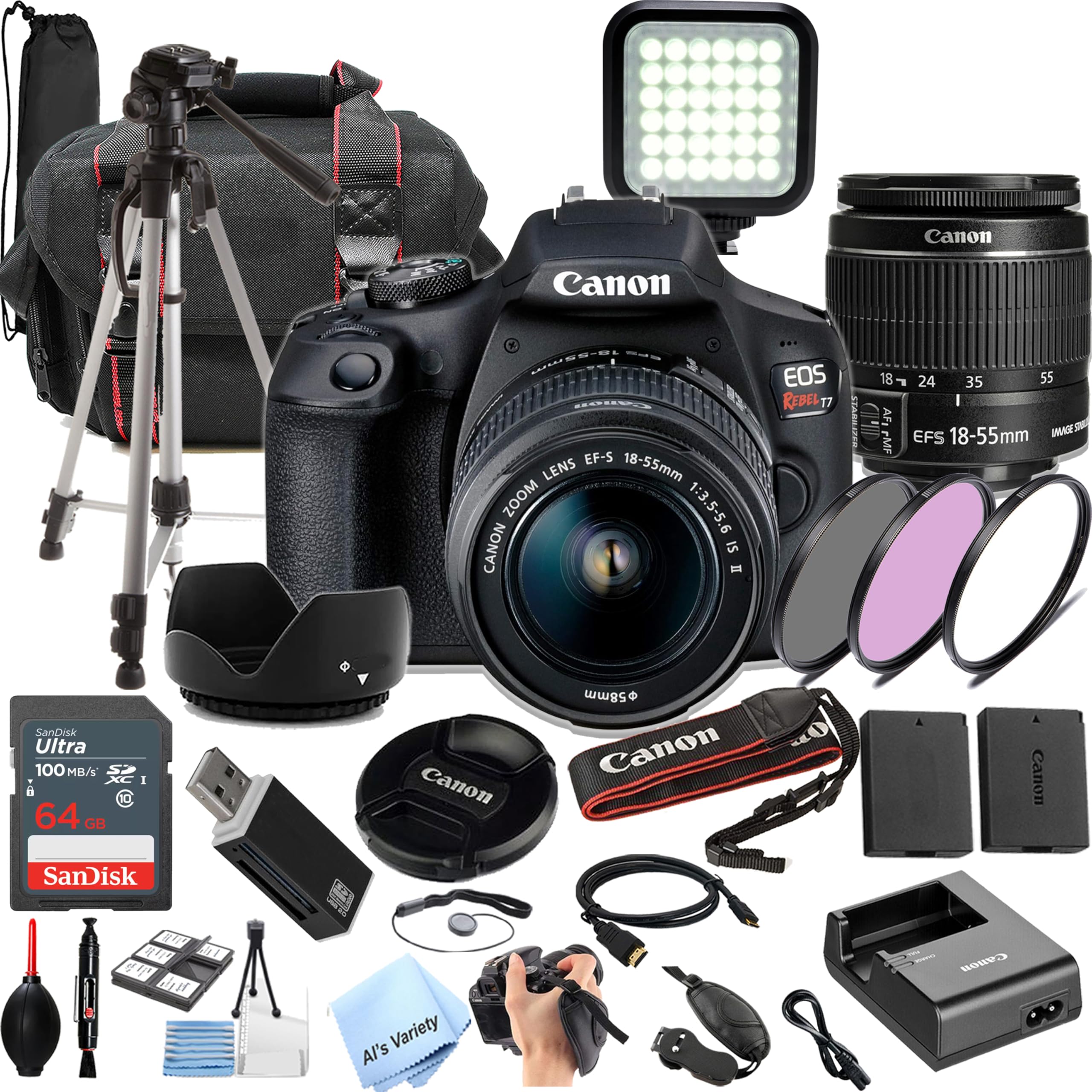Canon EOS Rebel T7 DSLR Camera Kit with EF18-55mm Lens + 64Gb Memory, LED Video Light, Case, Tripod, Filters, Grip & More(30pc Bundle) (Renewed)