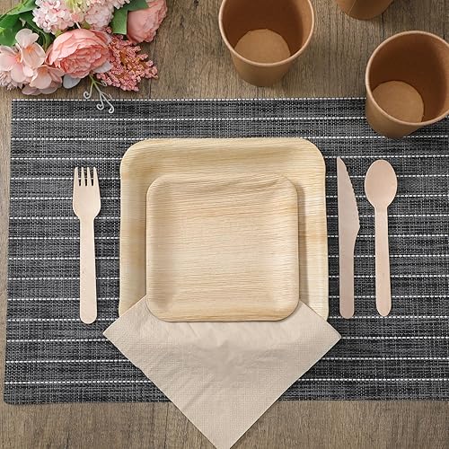 Miniatura 7 de Bokon Juego de vajilla desechable de 350 piezas de hoja de palma para 50 invitados, 50 platos cuadrados de hoja de palma, 50 platos de postre, 50