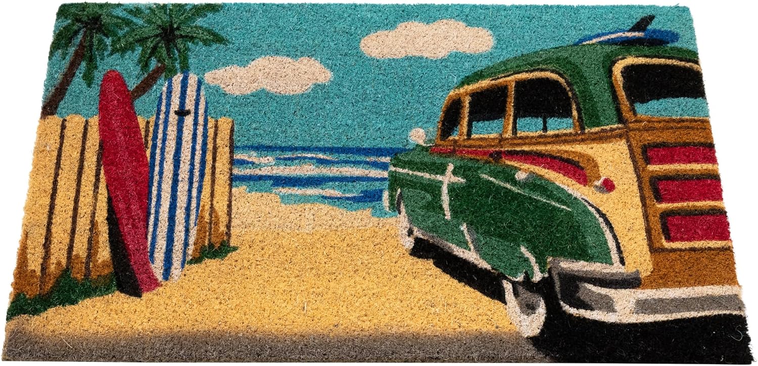 Northlight Retro Car on Beach Rectangular Coir Door Mat 18" x 30"