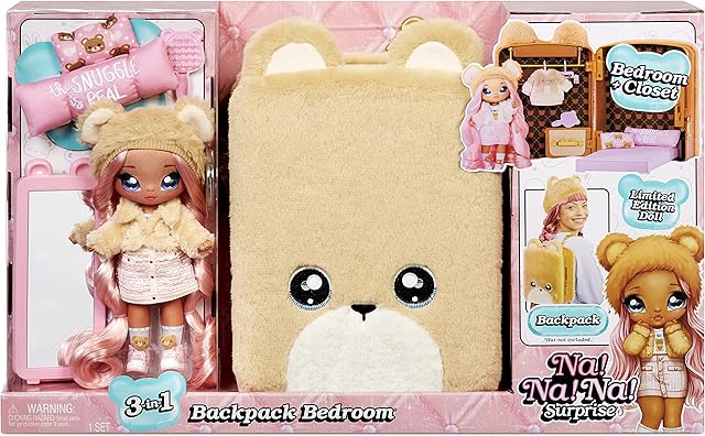 Na! Na! Na! Surprise 3-in-1 Backpack Bedroom Playset SARAH SNUGGLES - Fuzzy Teddy Bear Bag Includes Limited Edition Soft Fashion Doll with Exclusive Outfit & More - Collectable - For Kids Ages 5+
