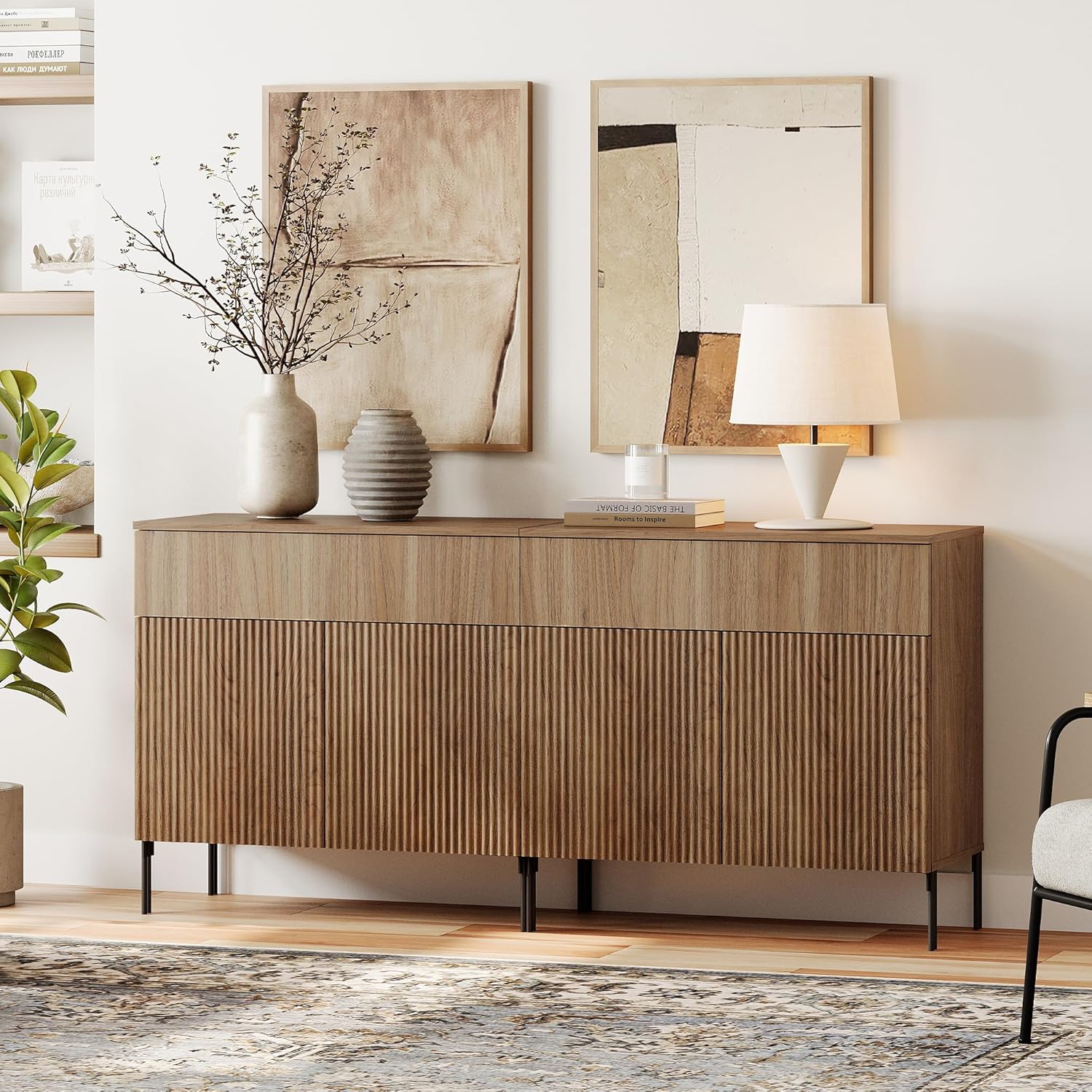 WAMPAT 63" W Large Sideboard Buffet Cabinet with Storage, 2 in 1 Fluted Sideboard Buffet with 4 Doors, Wooden Buffet Table, Coffee Bar Wine Bar Cabinet for Dining Room, Living Room,Walnut