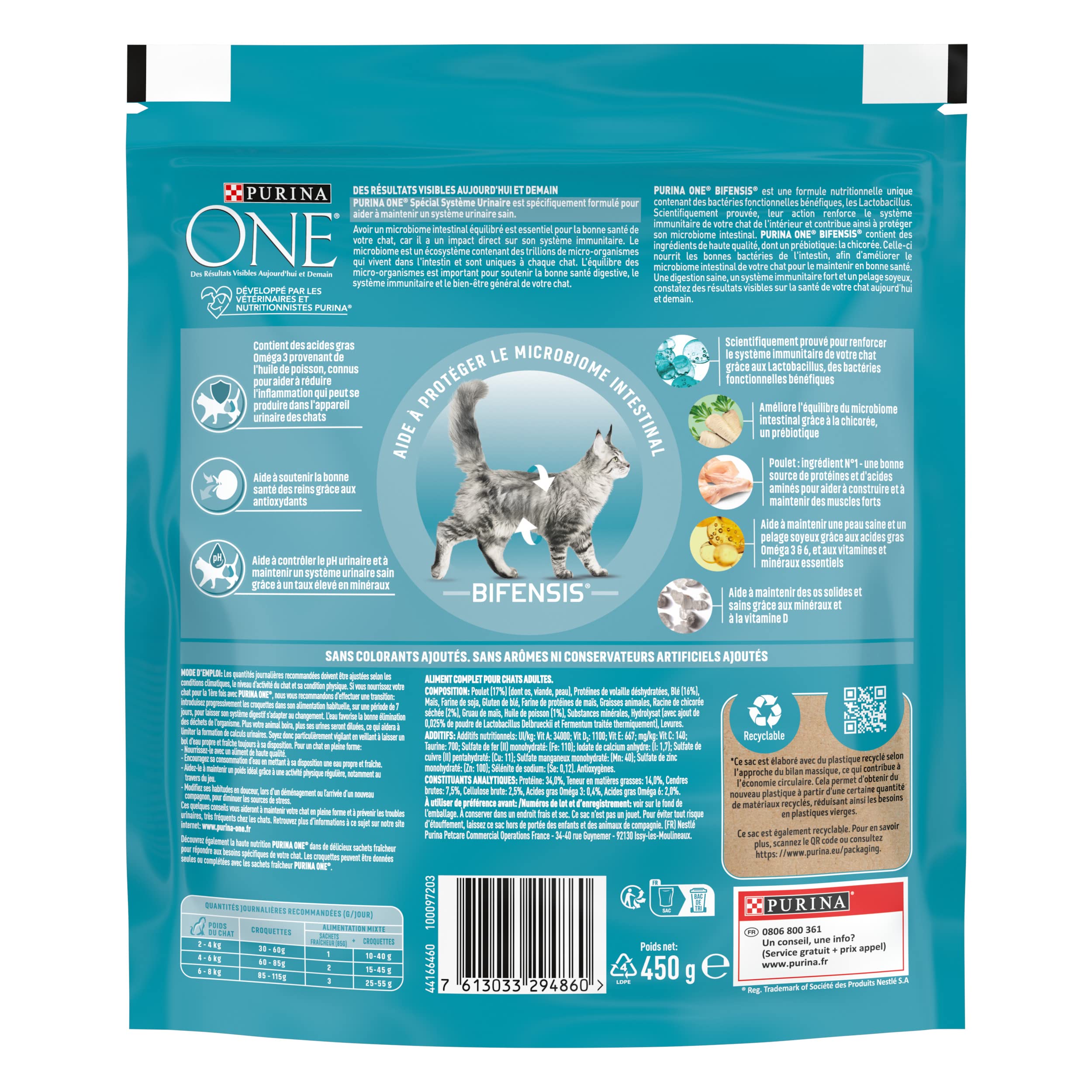 PURINA ONE | BIFENSIS | Chat Adulte | Spécial Système Urinaire | Aide à limiter l'inflamation du système urinaire, à soutenir la bonne santé des reins | Croquettes | Au Poulet | Sac | Lot de 10 x 450g