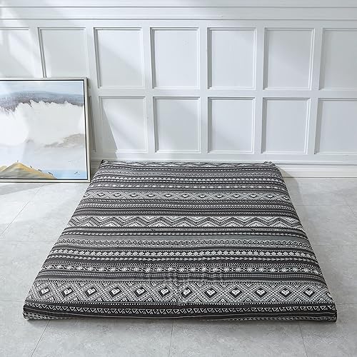Miniatura 7 de Colchón de futón japonés para suelo, plegable y portátil, grueso, para acampar, cama doble, color negro bohemio