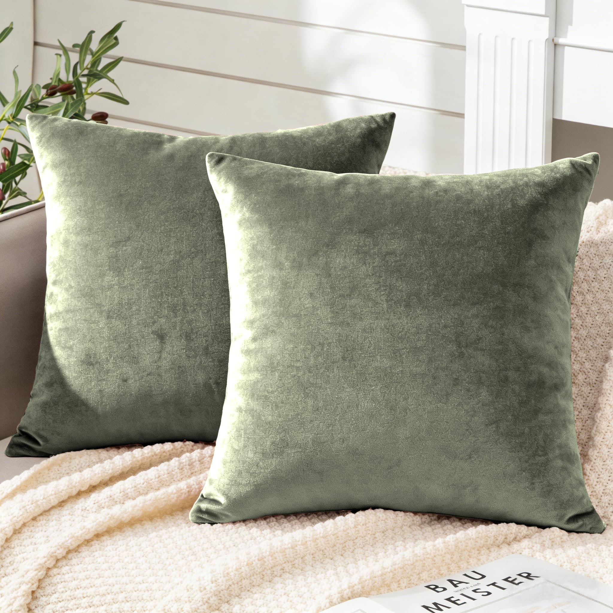 Soifox Pack of 2 Velvet Cushion Covers Sage Green Decorative Square Throw Pillow Covers Pillowcases 45x45 cm 18x18 Inch Cushion Case Home Decor Pillow Cases for Couch Sofa Living Room Bed