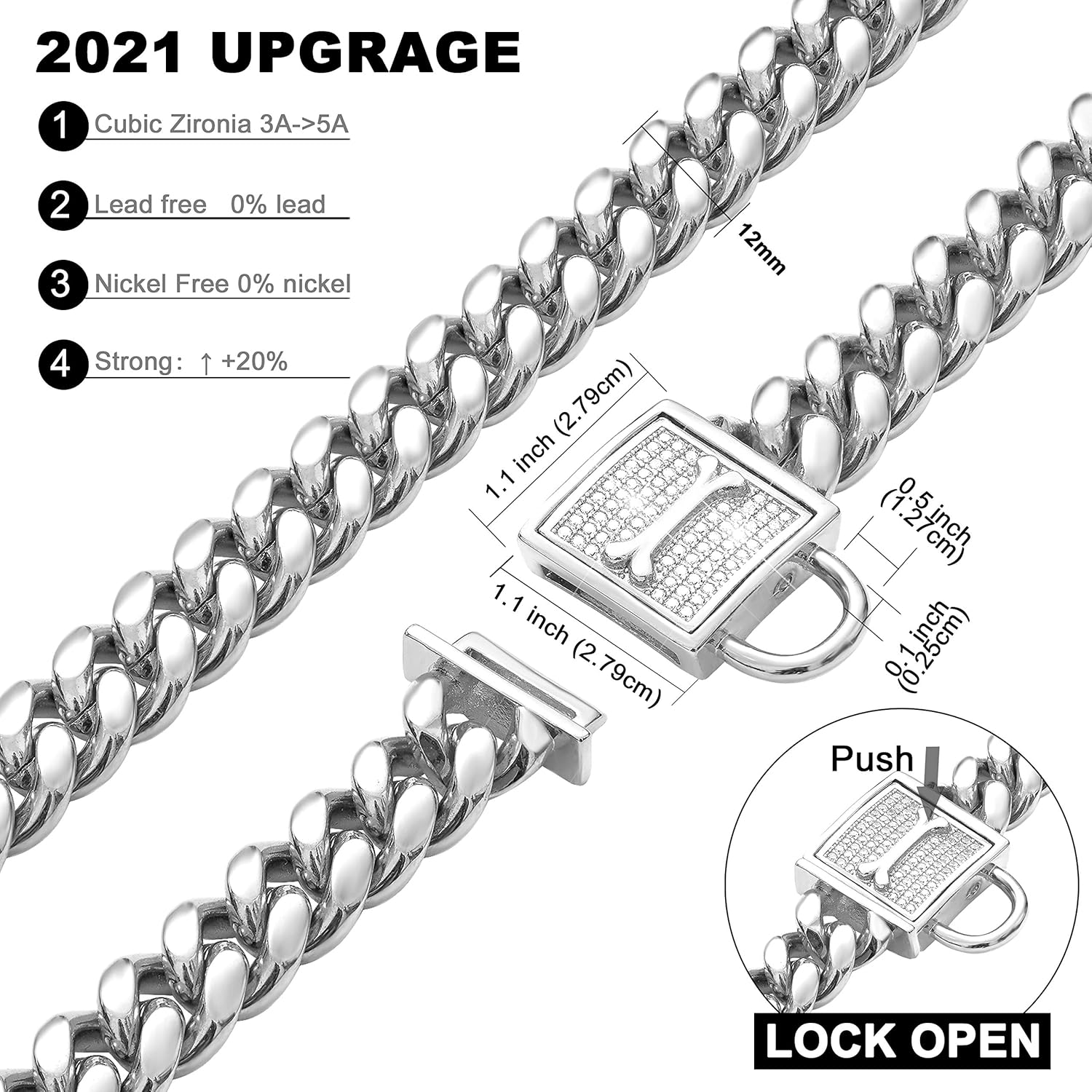 PRADOG Chain Dog Collar with Zirconia Locking 12mm High Polished Cuban Link Chain Metal Stainless Steel Dog Walking Puppy Collar Luxury Dog Bling Necklace(12mm, 8")